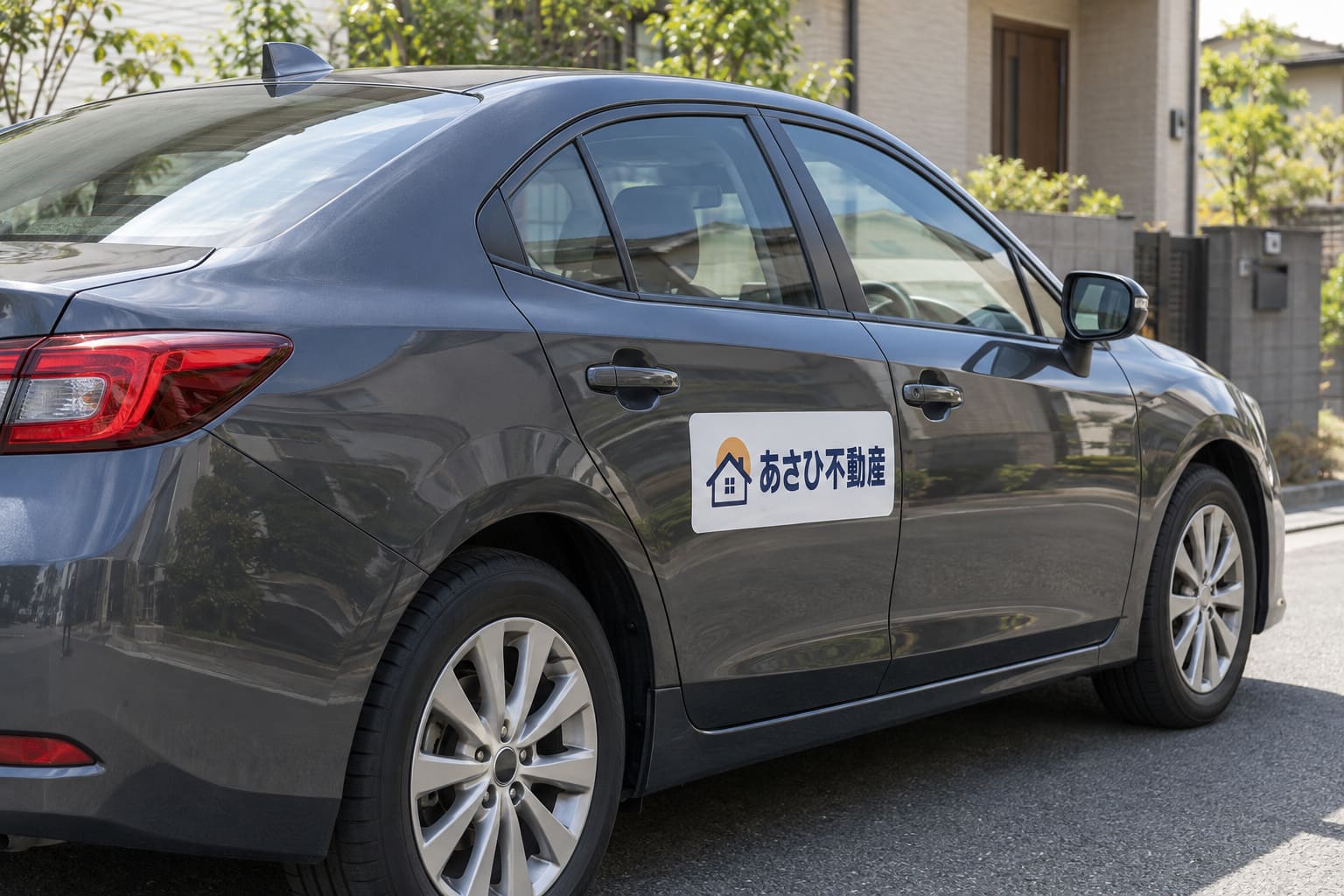 濃いグレーの乗用車の後ろのドアに、ロゴと「あさひ不動産」の文字だけの小さな白いマグネットが貼られている様子