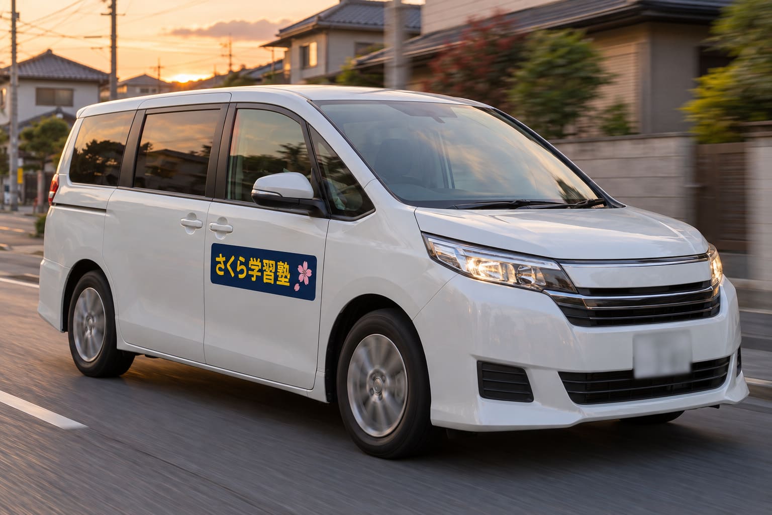 白いワゴン車のドアに、紺の地に黄色の文字で「さくら学習塾」と書かれたマグネットが貼られ、夕方の住宅街を走っている様子