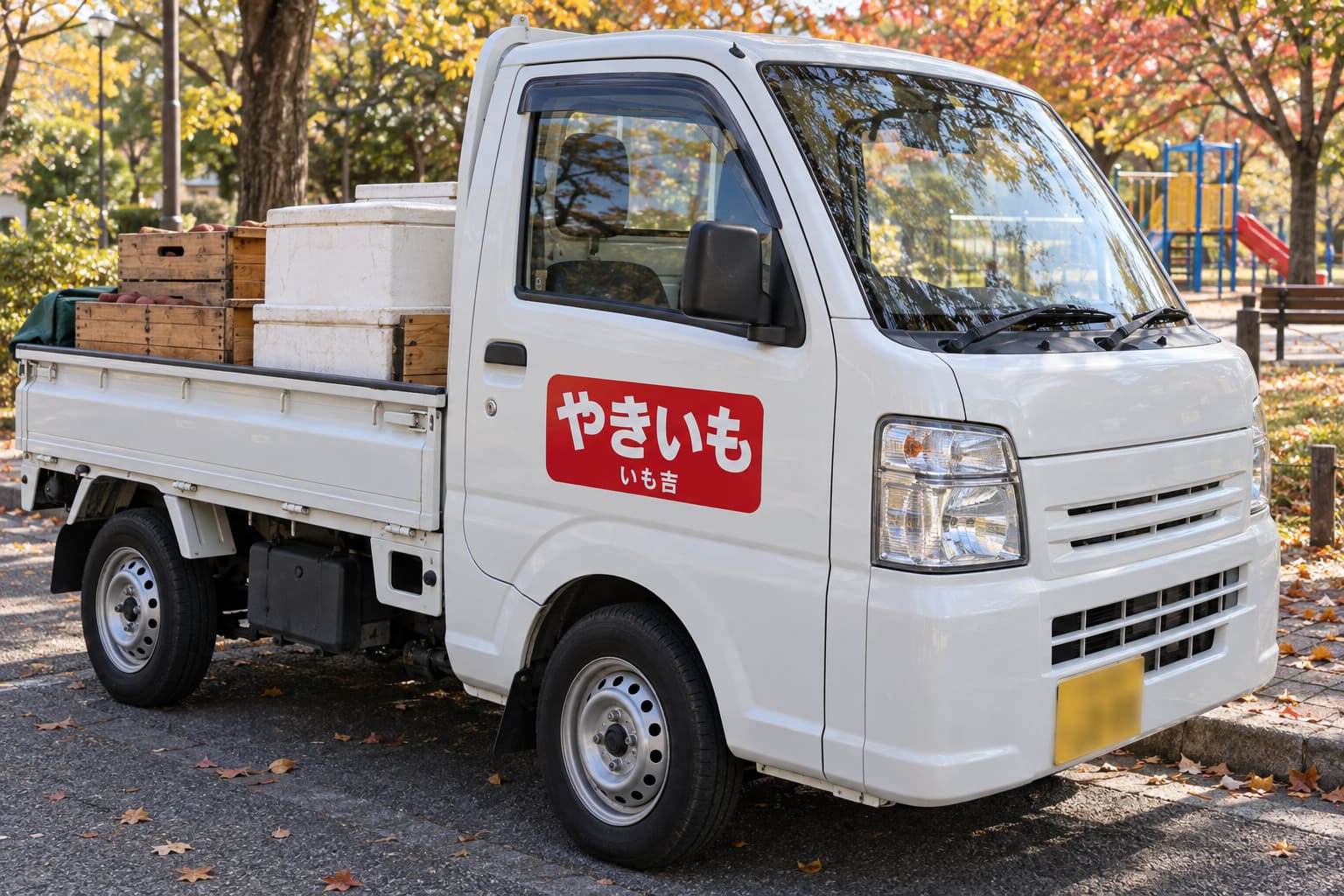 移動販売の軽トラックのドアに、赤い地に白い文字で「やきいも」と大きく書かれたマグネットが貼られ、荷台に販売用の箱が載っている様子