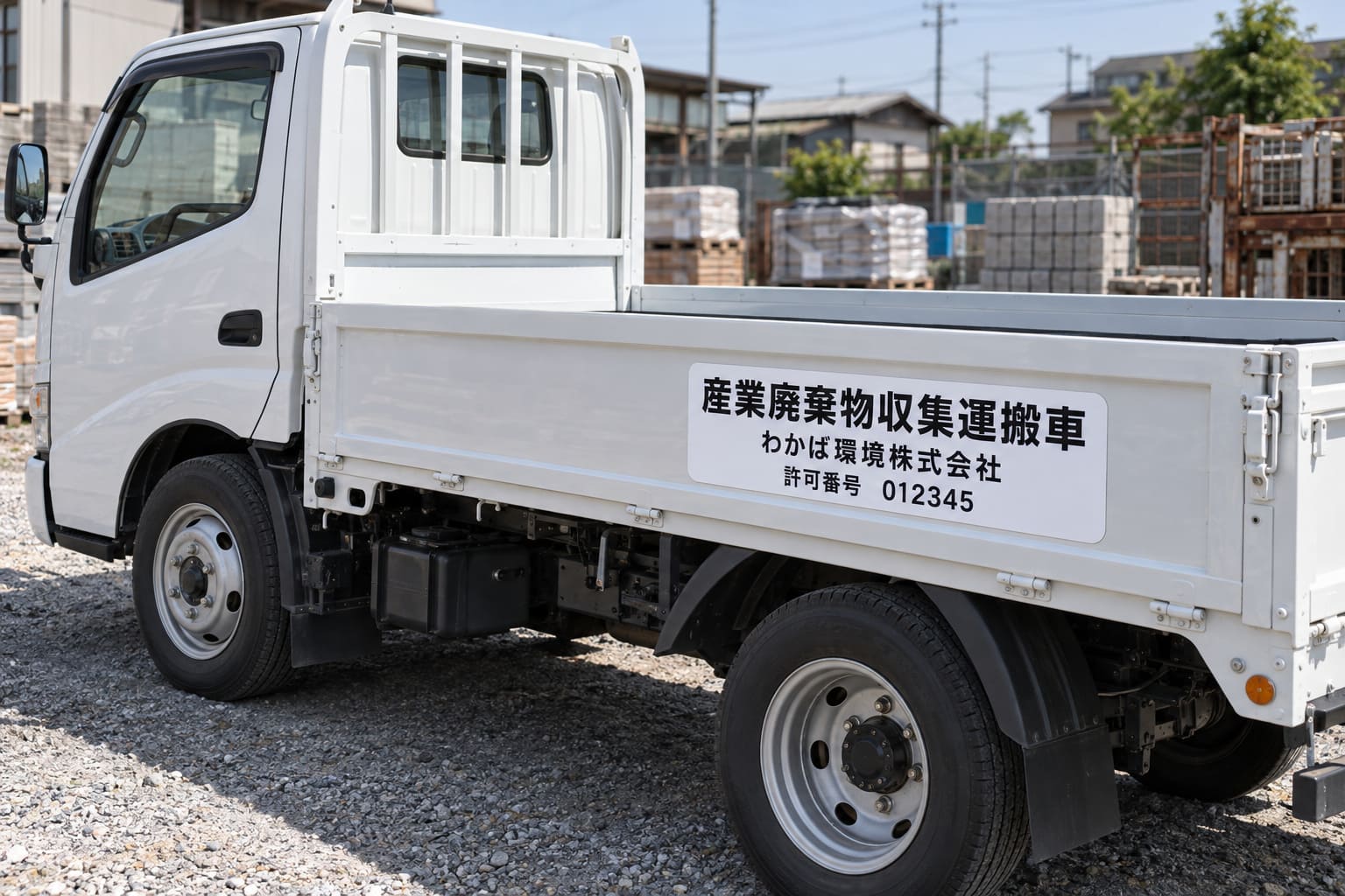 白い2tトラックの荷台の側面に、「産業廃棄物収集運搬車」と社名、許可番号が黒い文字で入った横長のマグネットが貼られている様子