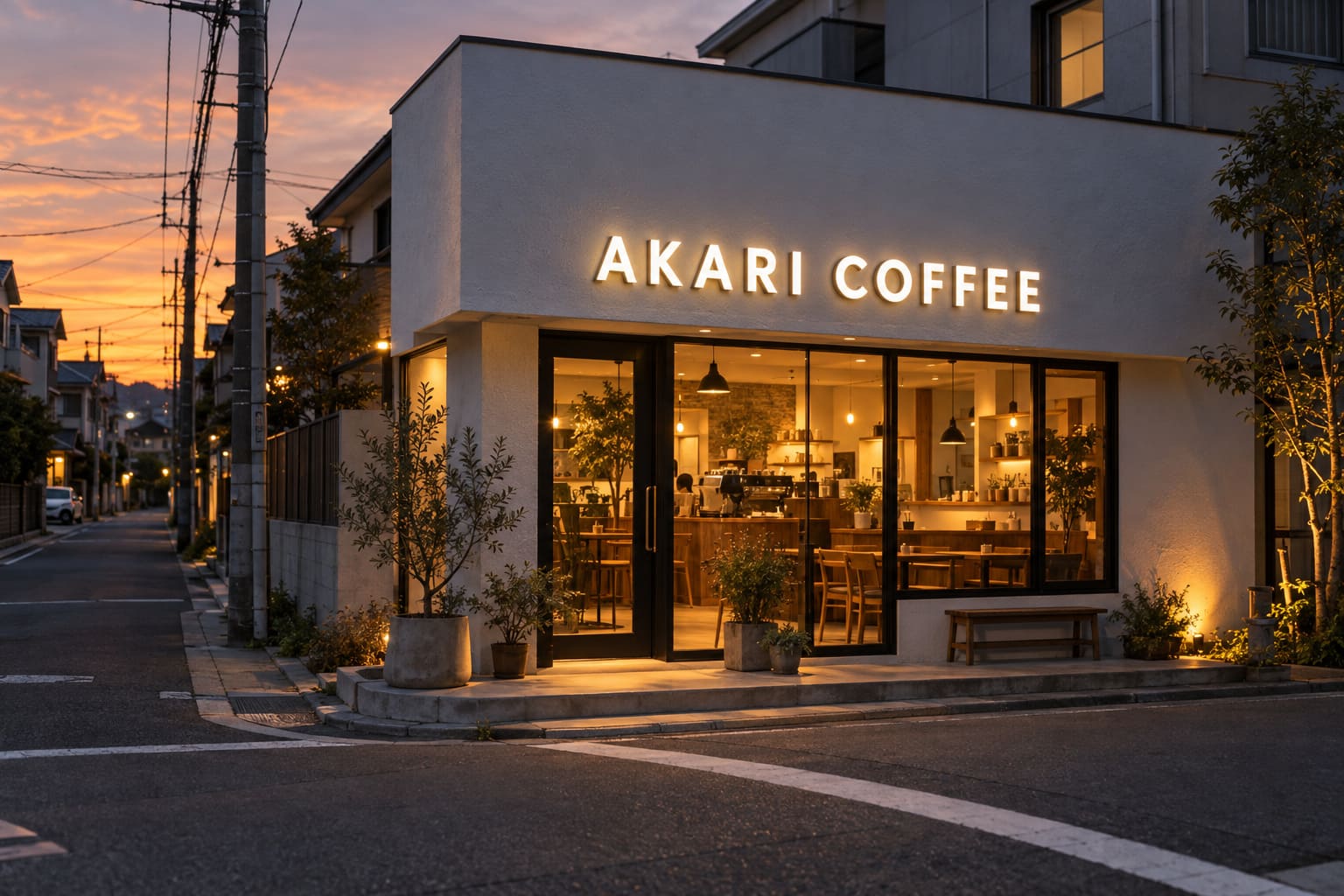 夕暮れのカフェの白い外壁に、白く光るLEDチャンネル文字で架空のローマ字の店名が付き、店の窓から温かい光がもれている様子