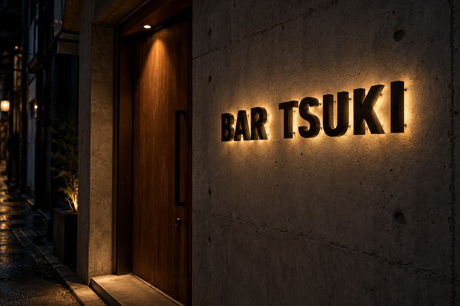 夜のバーの入口のコンクリートの壁に、黒い金属のチャンネル文字の架空の店名が浮かせて付き、文字の後ろの壁が電球色に光っている様子