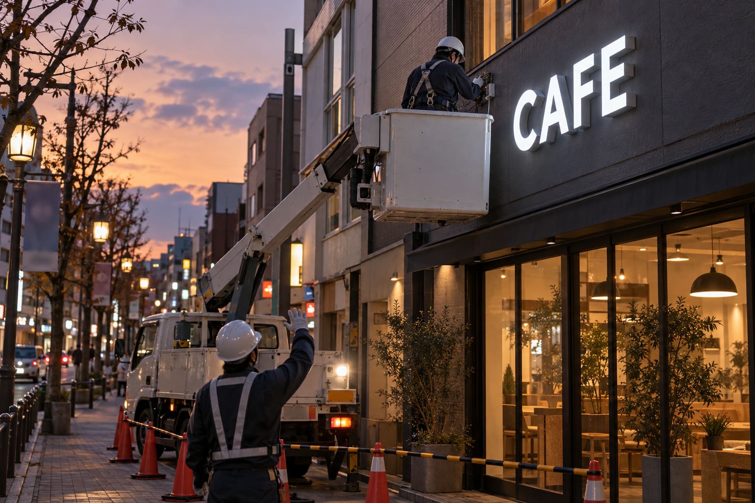 夕方、高所作業車に乗った作業者が店の外壁にLEDチャンネル文字を取り付け、もう1人が配線をつないで点灯を確かめている様子