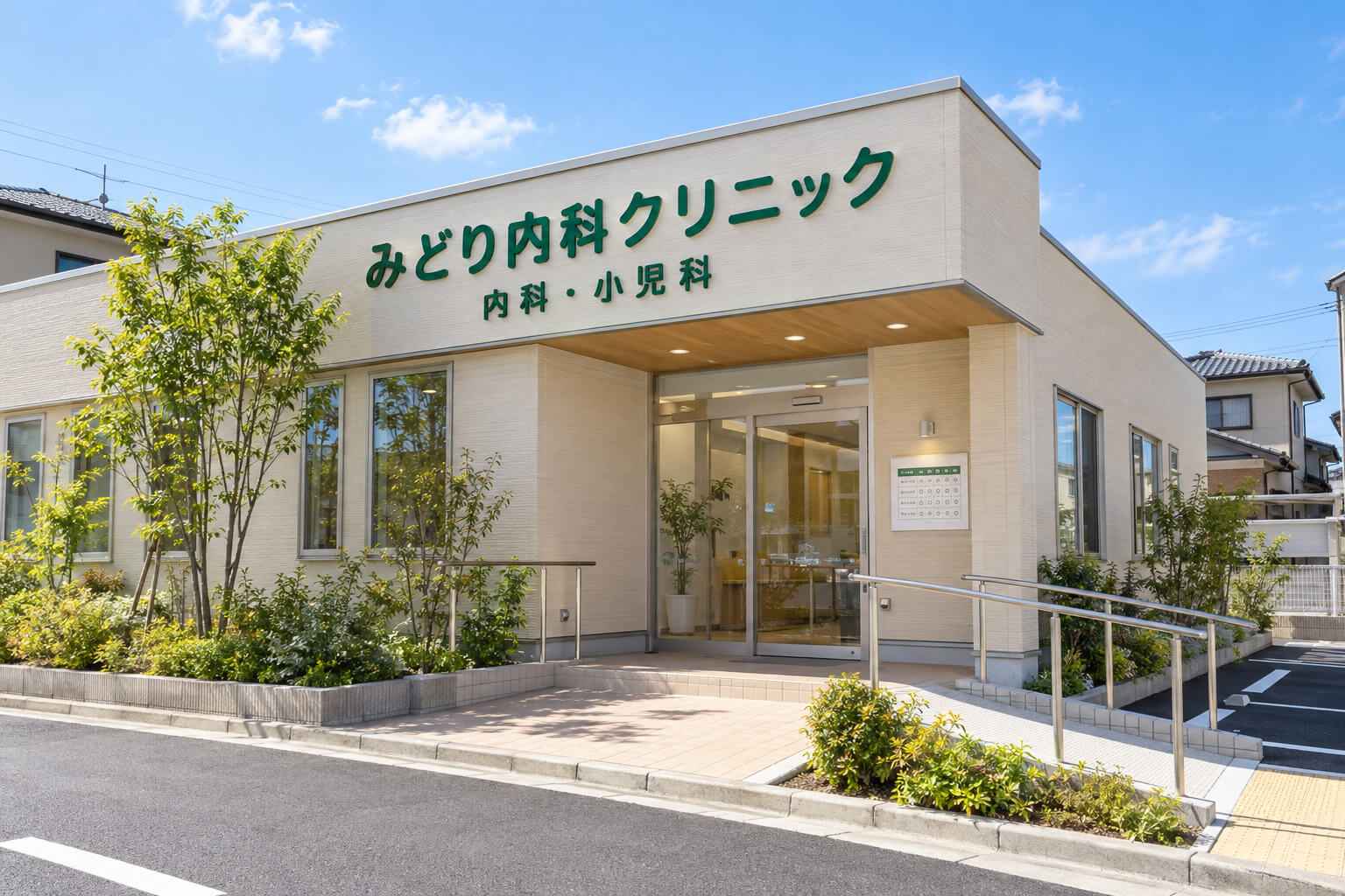 住宅街の角にある内科クリニックの外観。入口の上の壁面に院名と診療科、入口の横に診療時間の案内がある