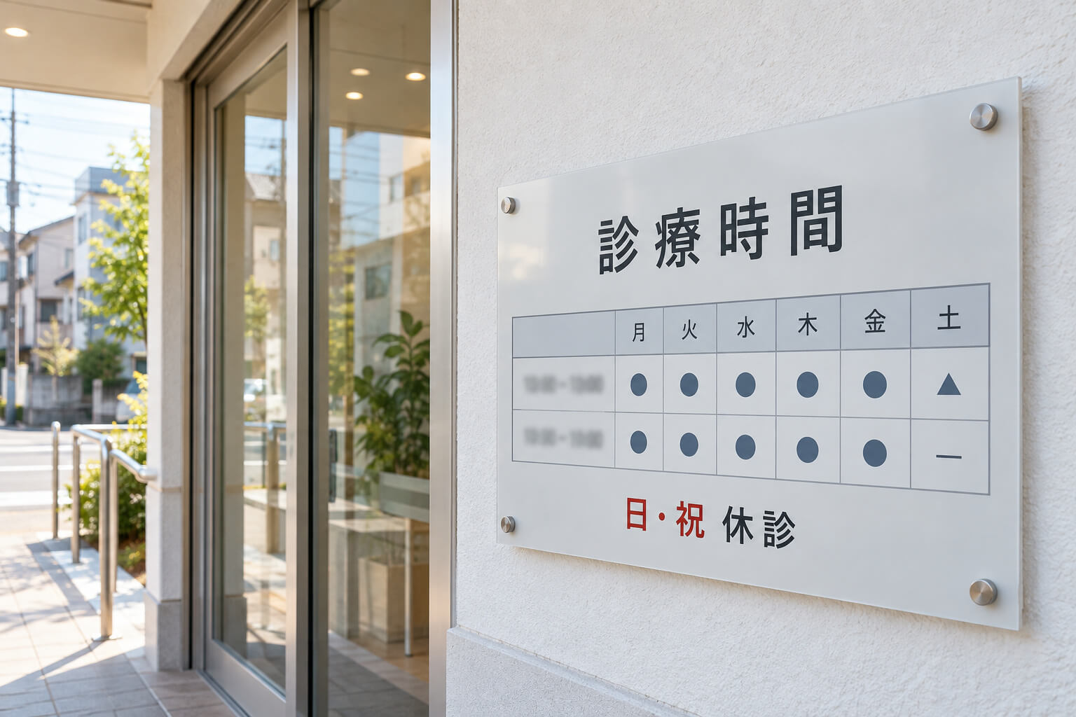 クリニックの入口横に取り付けた、診療時間と休診日を表示したプレート看板