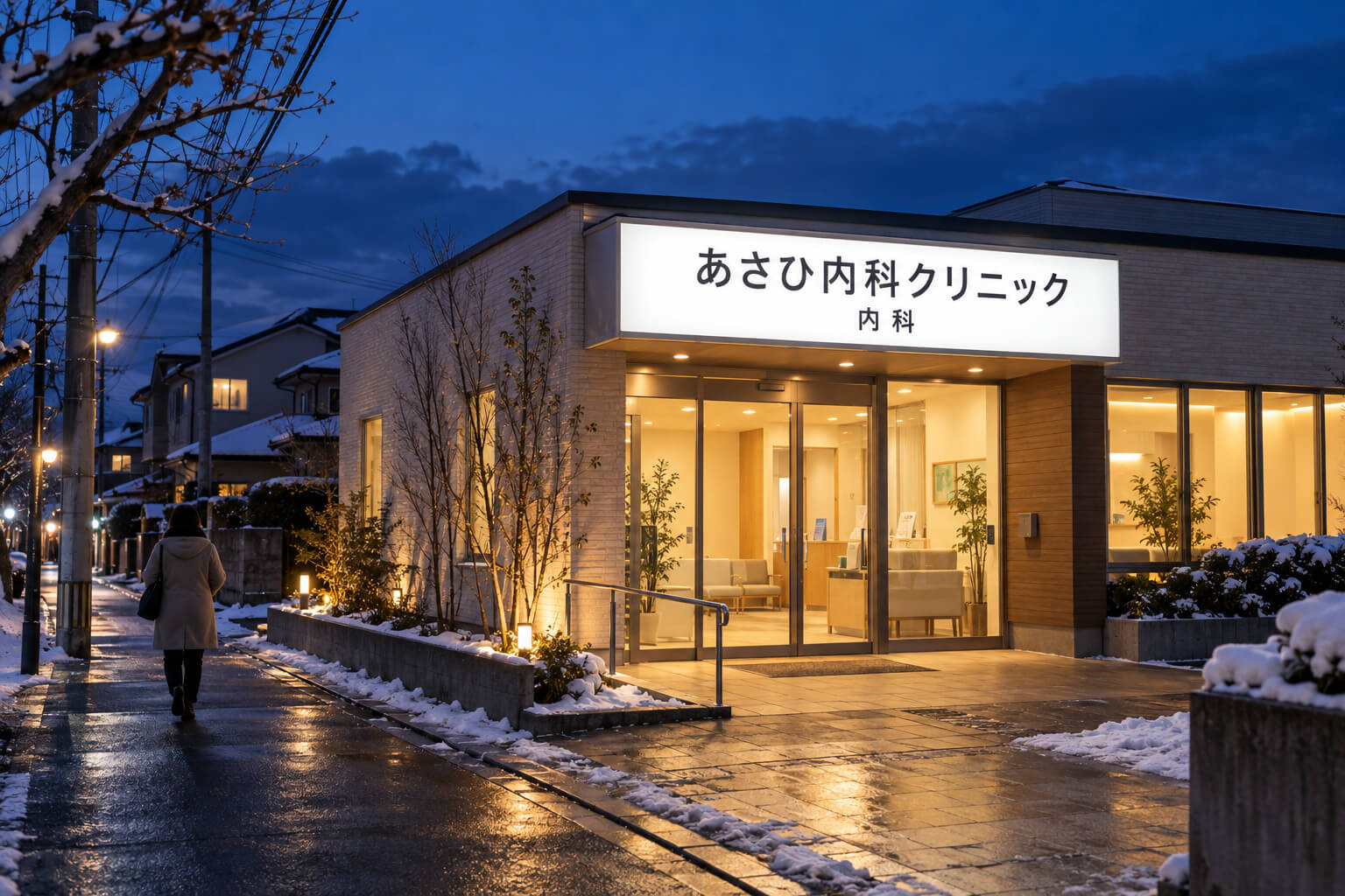 冬の夕方、日が暮れた住宅街で、内照式の看板が明るく点灯している内科クリニックの外観