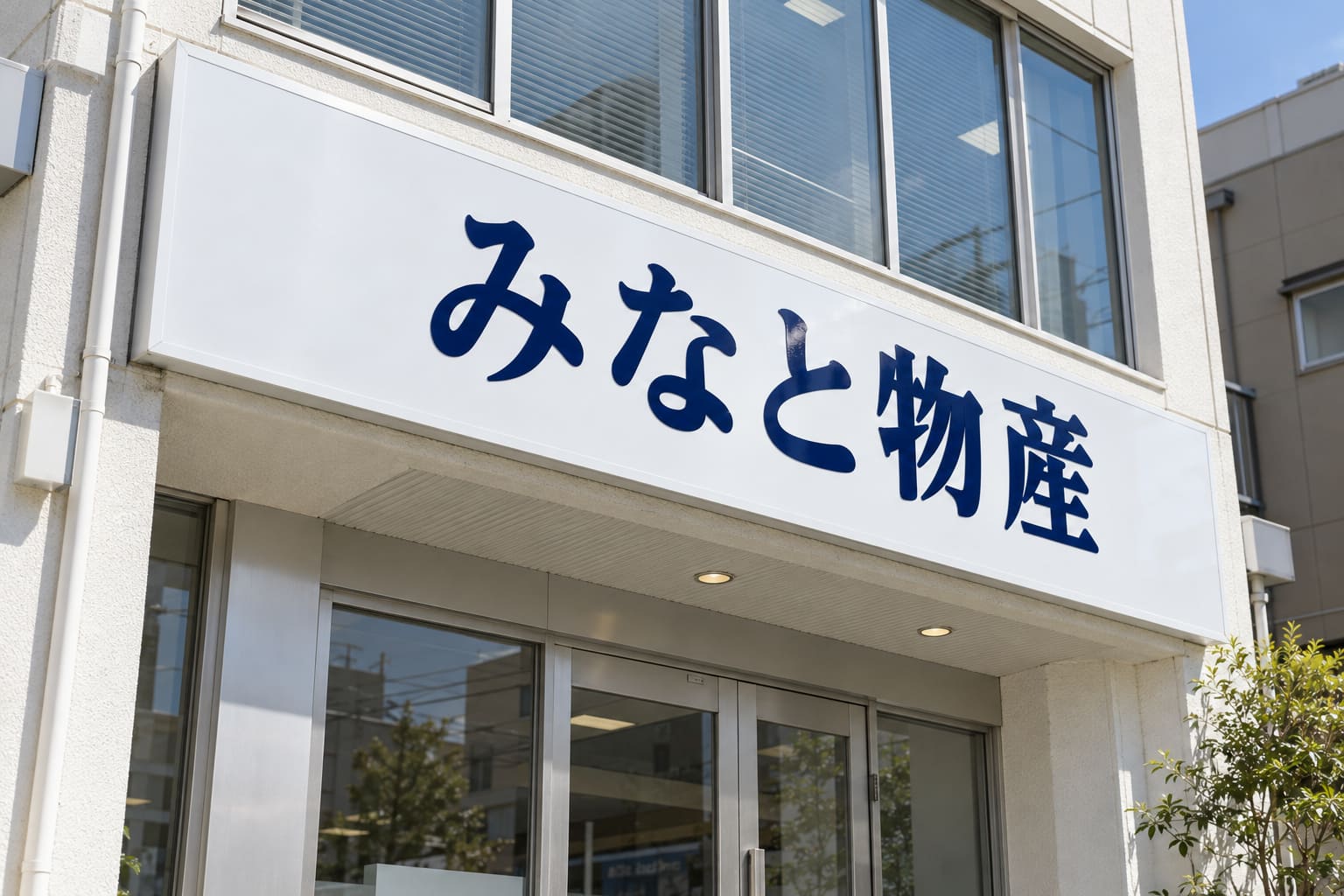 オフィスビルの1階の壁面看板に、紺色の切り文字で社名「みなと物産」が貼られている様子