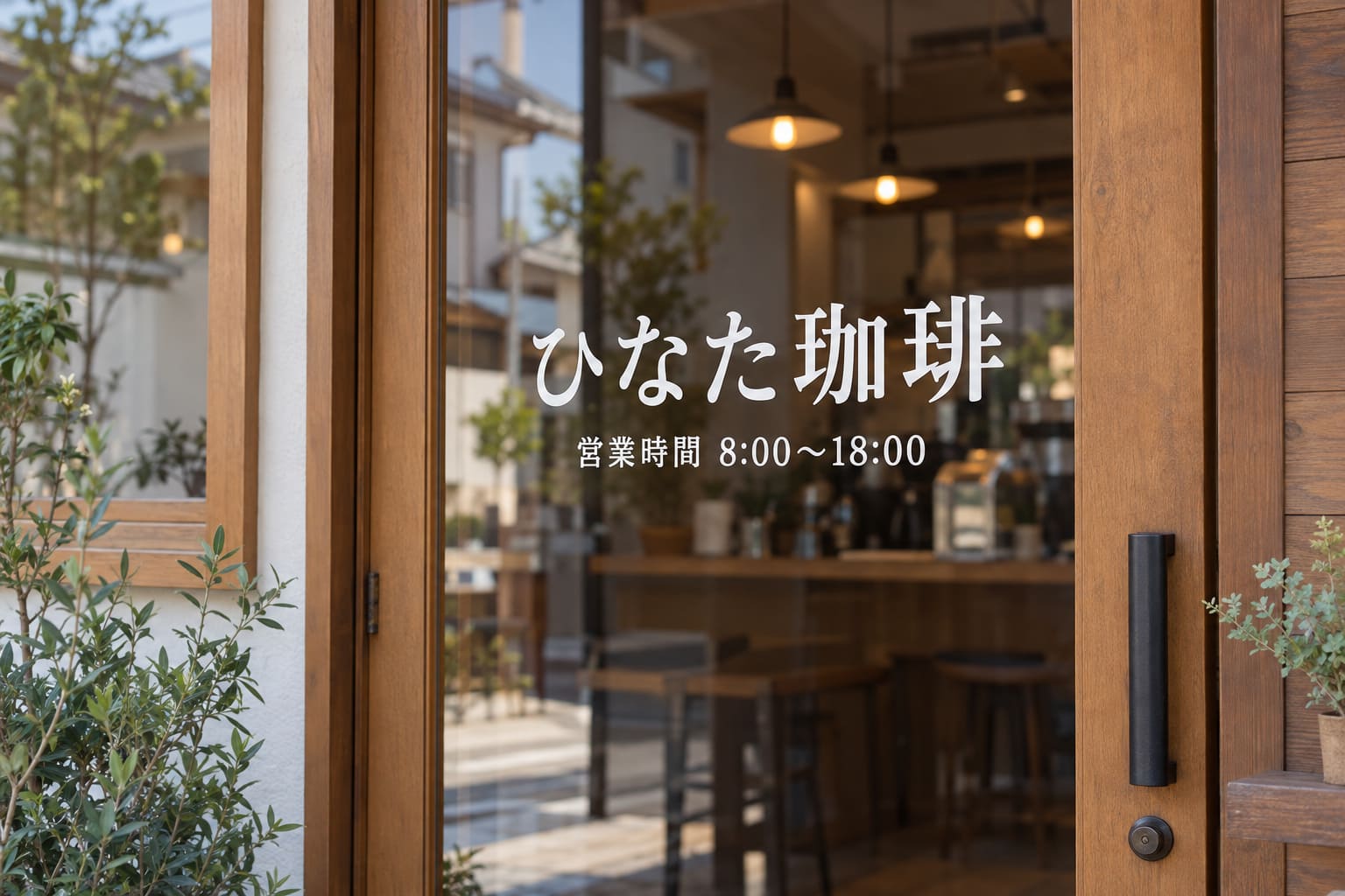 飲食店の入口のガラス扉に、白い切り文字で店名「ひなた珈琲」と営業時間が貼られている様子を、外から見たところ