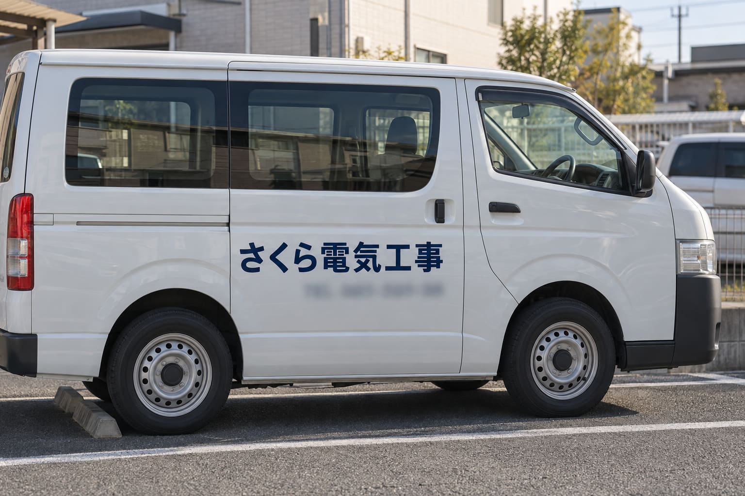 白いワンボックスの社用車の側面に、紺色の切り文字で社名「さくら電気工事」と電話番号が貼られている様子（電話番号はぼかす）