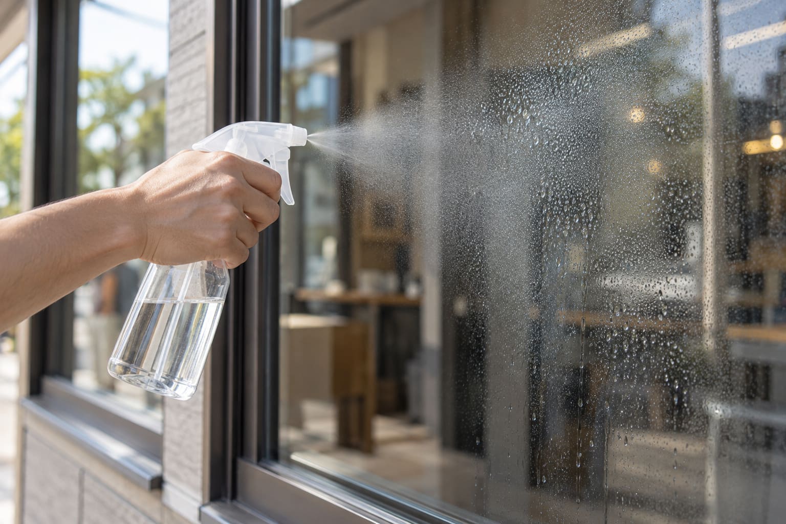 店のガラス窓に、作業者が霧吹きで薄めた洗剤の液を吹きかけている様子（手元と霧吹きだけ）