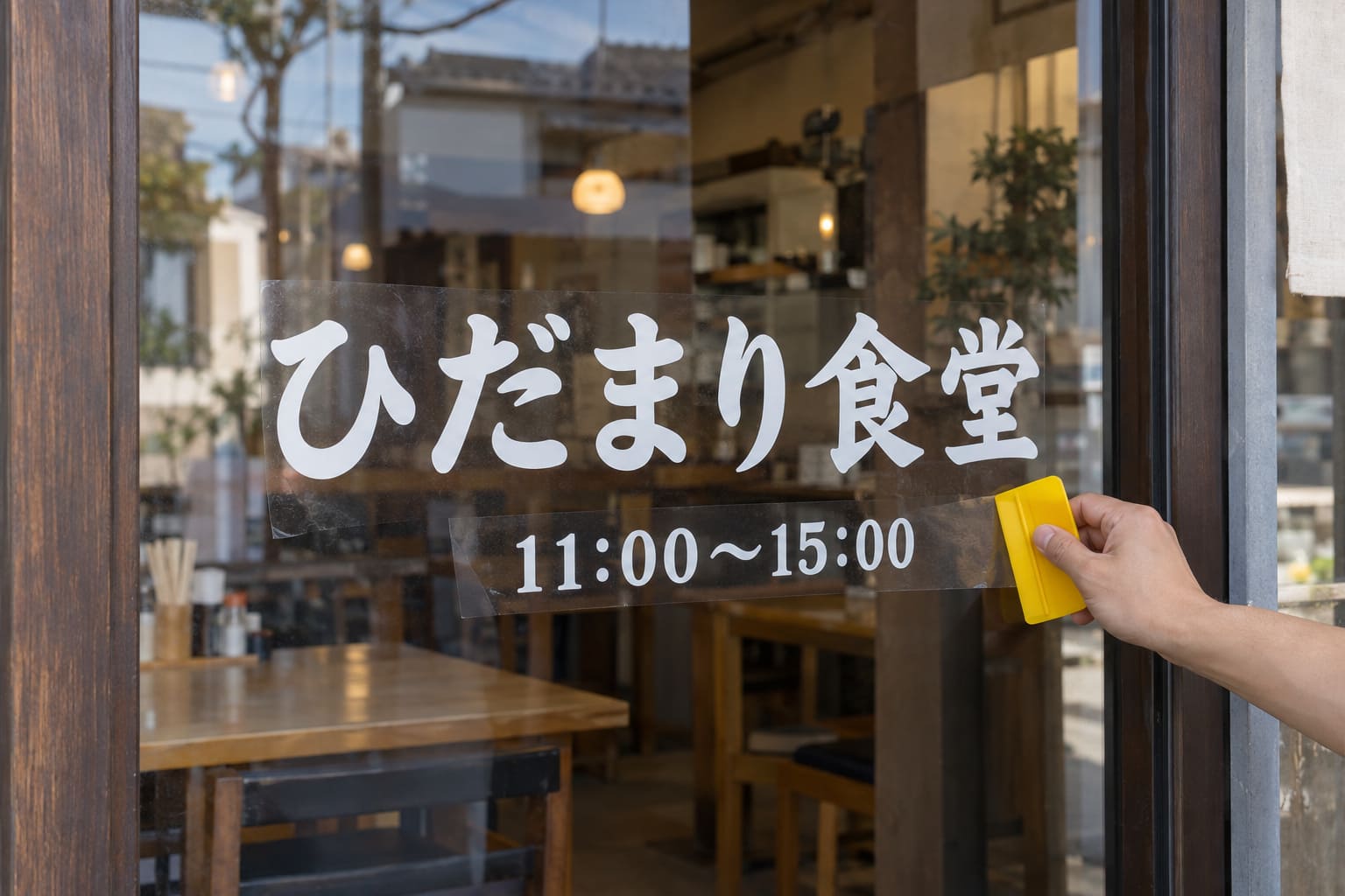 飲食店のガラス扉の外側に、白い切り文字「ひだまり食堂」と営業時間をスキージーで貼っている様子（手元だけ）
