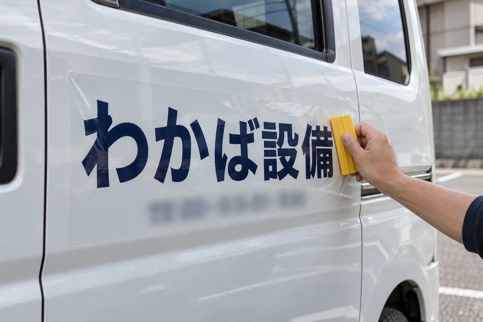 白いワンボックスの社用車のスライドドアに、紺色の切り文字の社名「わかば設備」をスキージーで貼っている様子（手元だけ、電話番号はぼかす）