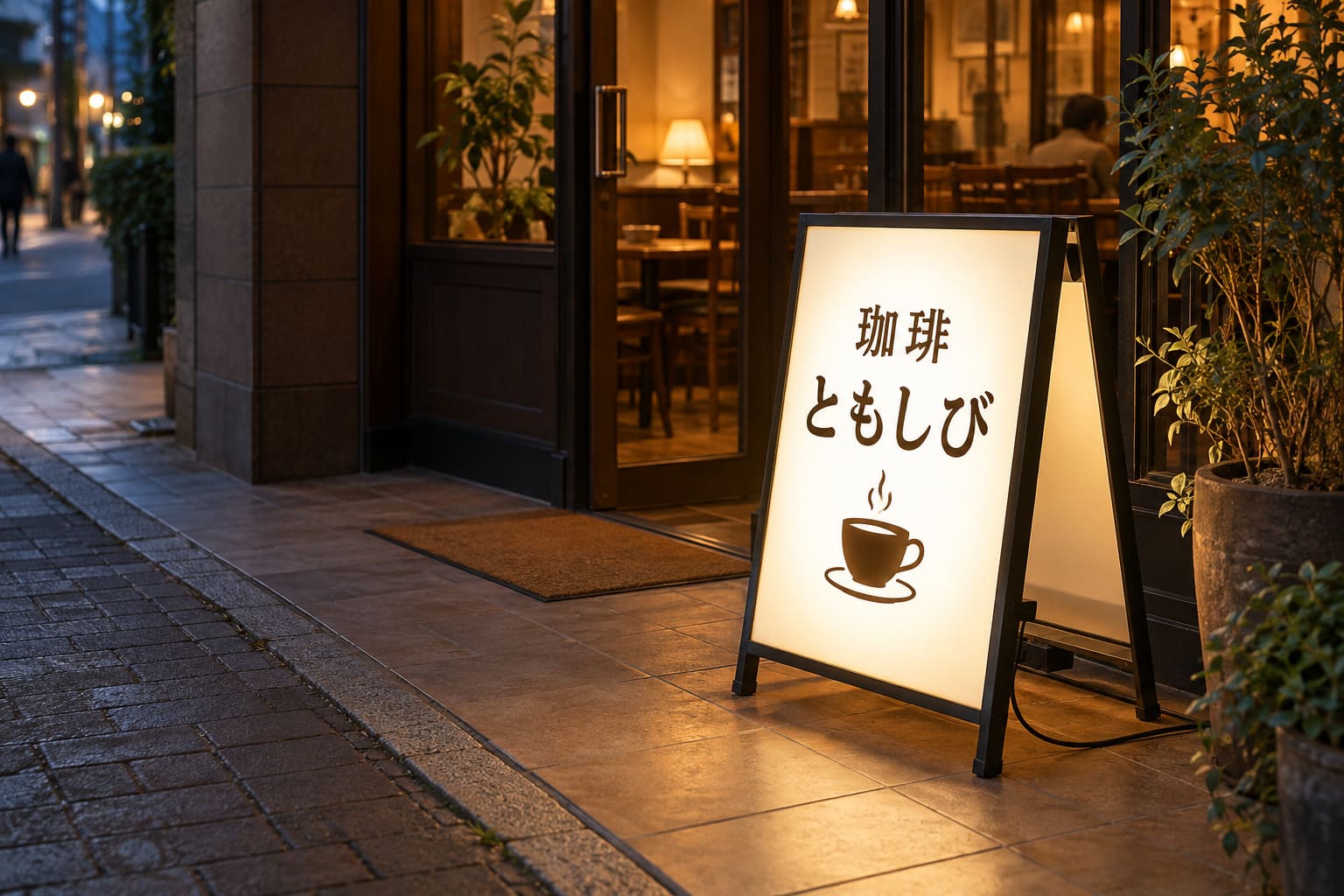 夕方のカフェの入口の横に、中から白く光るA型の電飾スタンド看板が置かれ、店名とコーヒーカップの絵が明るく浮かんでいる様子