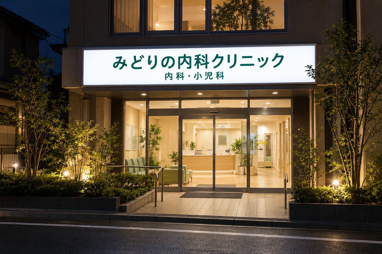 夜の2階建ての建物の正面に、横長の内照式看板が白く光り、緑の文字で医院名と診療科目が読める様子