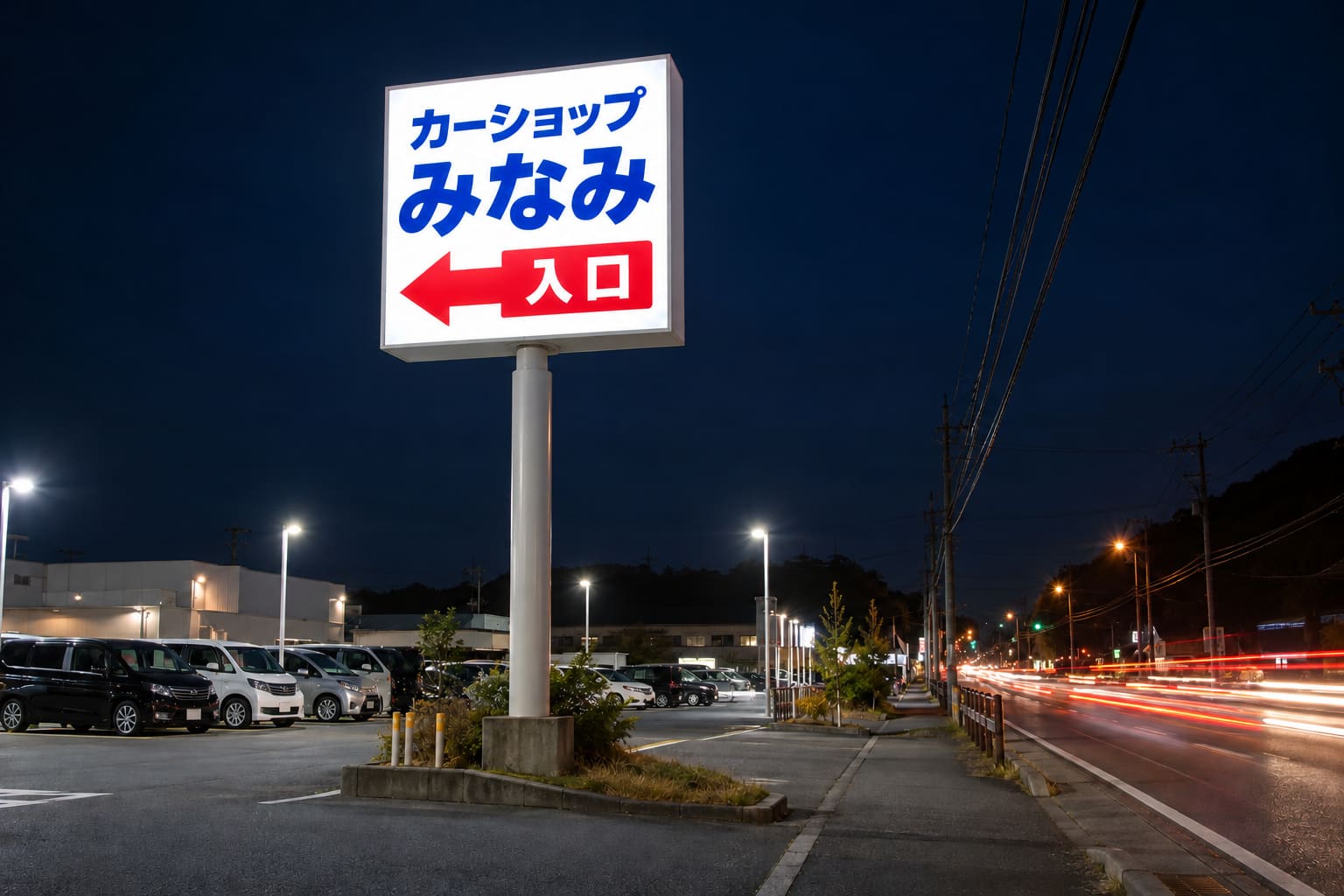 夜の郊外の道路沿いに、高い柱の上の四角い看板が中から光り、駐車場の入口の位置を示している様子