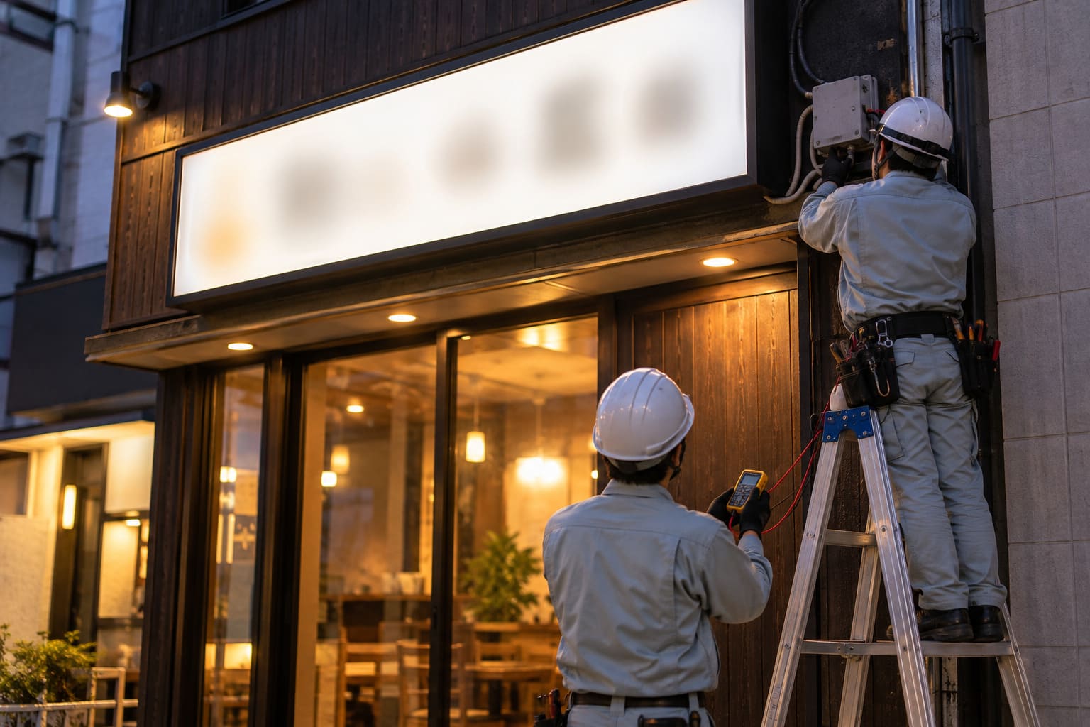 作業着の電気工事士が、店の正面の壁に付けた横長の内照式看板の下で、配線をつないで点灯を確かめている様子