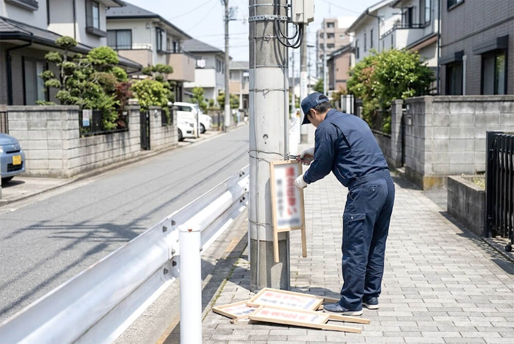 作業員が、電柱に結び付けられた違反の立看板を取り外して回収している様子