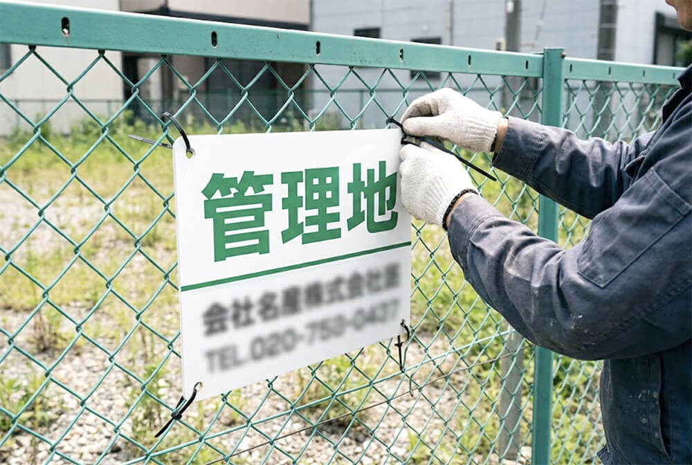 作業員が、空き地のフェンスに「管理地」のプレート看板を結束バンドで取り付けている様子