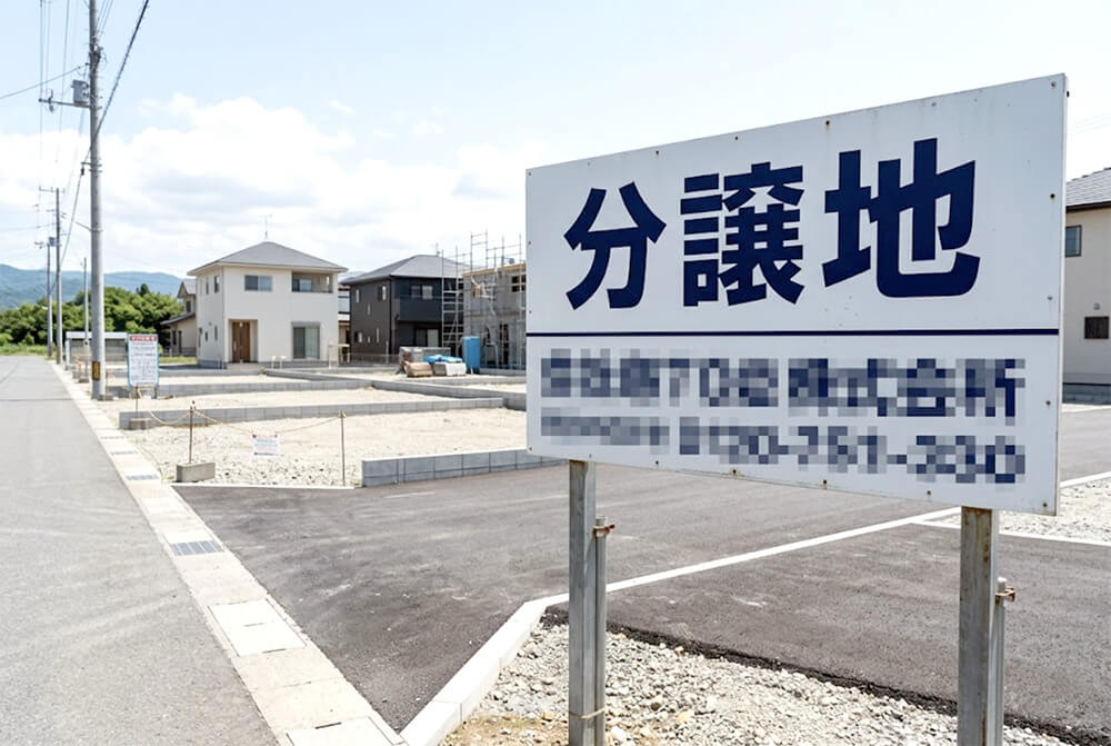 郊外の分譲地の入口に、青空を背景に大きな野立て看板が立っている様子