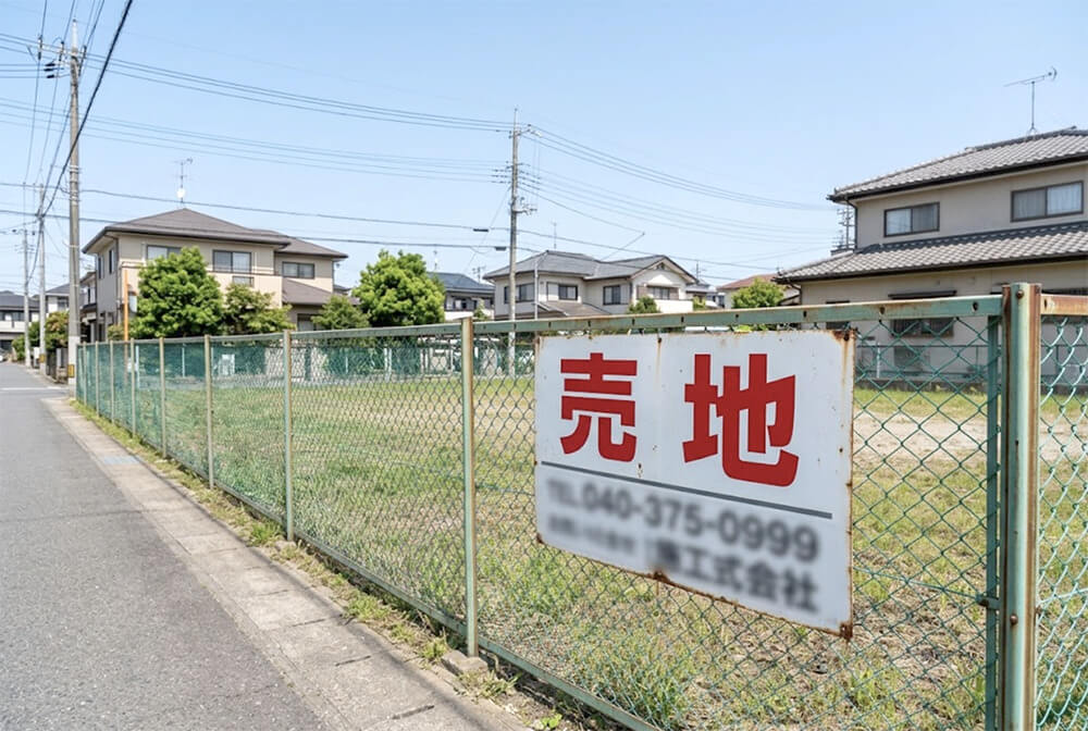 住宅街の更地を囲うフェンスに、白地に赤い文字の「売地」のプレート看板が取り付けられている様子