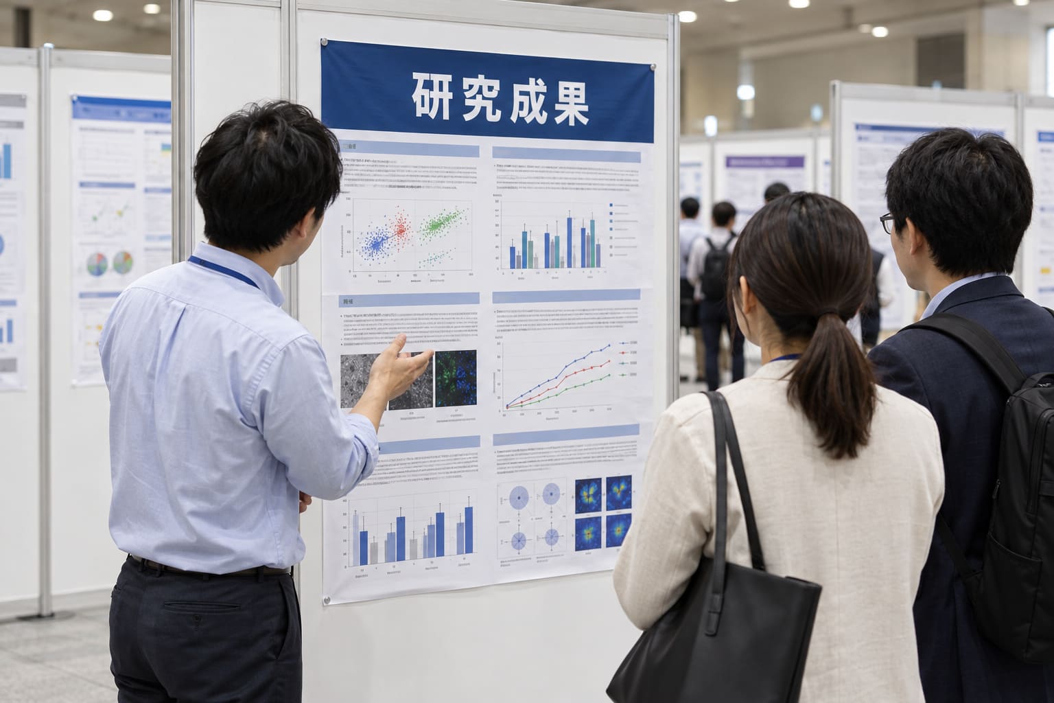 学会のポスター会場で、パネルに貼った布のポスターの前に発表者が立ち、聞き手に説明している様子を後ろから見たところ