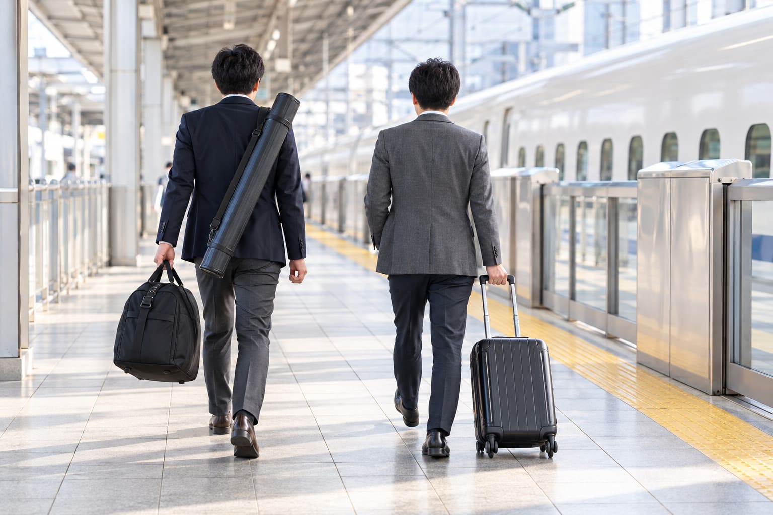 駅のホームで、片手に長いポスターケースを持った人と、小さなスーツケースだけを引く人が並んで歩いている後ろ姿