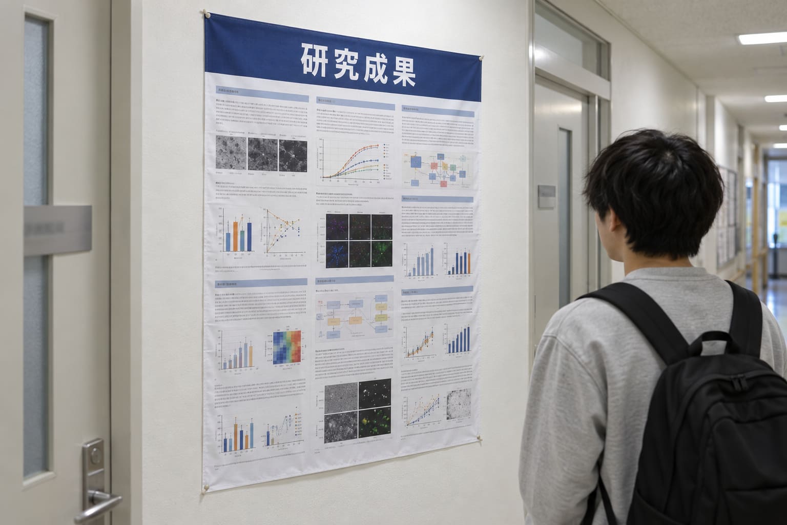 大学の研究室の廊下の壁に、学会で使った布のポスターをピンで留めて掲示している様子