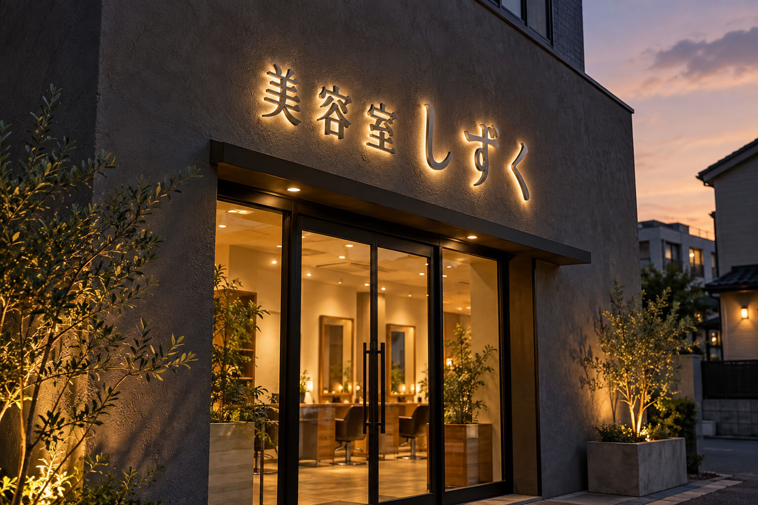 夕暮れの店舗の外壁に取り付けられた、ステンレスの切り文字の店名が間接照明でやわらかく浮かび上がる壁面看板