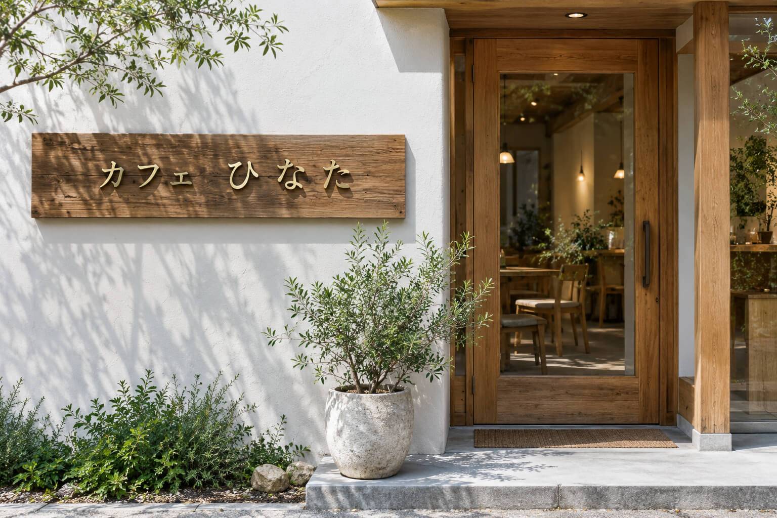 白い塗り壁のカフェの外壁に、木製の看板と真鍮色の切り文字を組み合わせたナチュラルでおしゃれな壁面看板