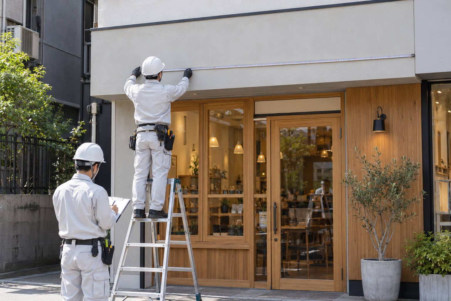 作業服姿の職人が、店舗の外壁の幅と高さをメジャーで測り、看板の取り付け位置を確認している様子