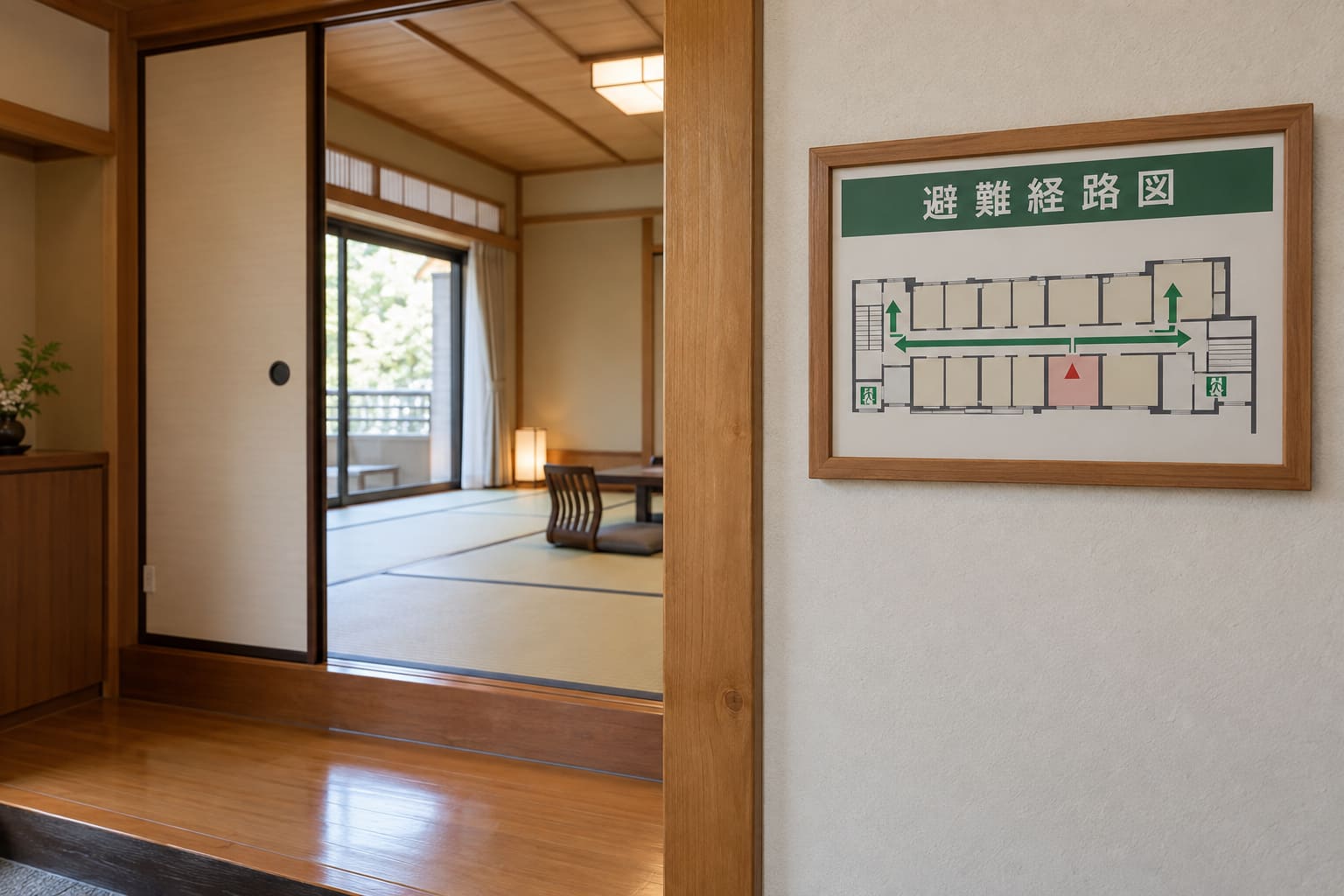 和風旅館の客室の入口の内側の壁に、緑の帯と2方向の矢印の入った避難経路図が木の額に入って掛けられている様子