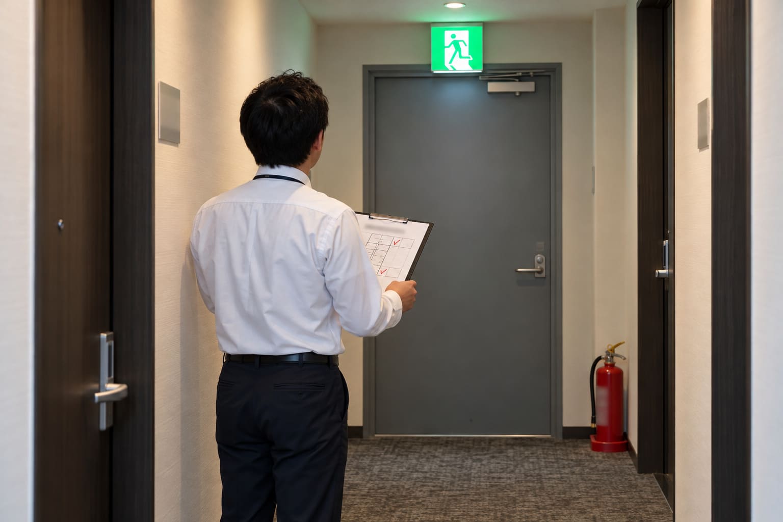 ホテルの廊下の突き当たりの非常口の扉の前で、施設の担当者が避難経路図の下書きを持ち、扉と見比べて確かめている様子