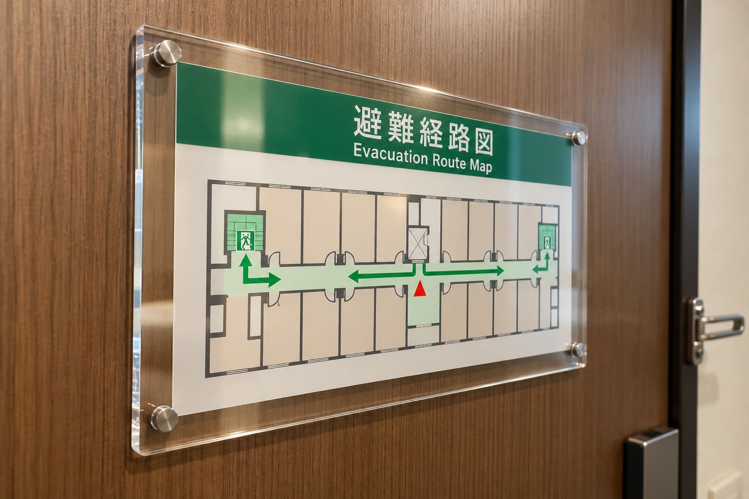 ホテルの客室の木目の扉の内側に、透明なアクリル板の裏に印刷した避難経路図が金具で留められている様子