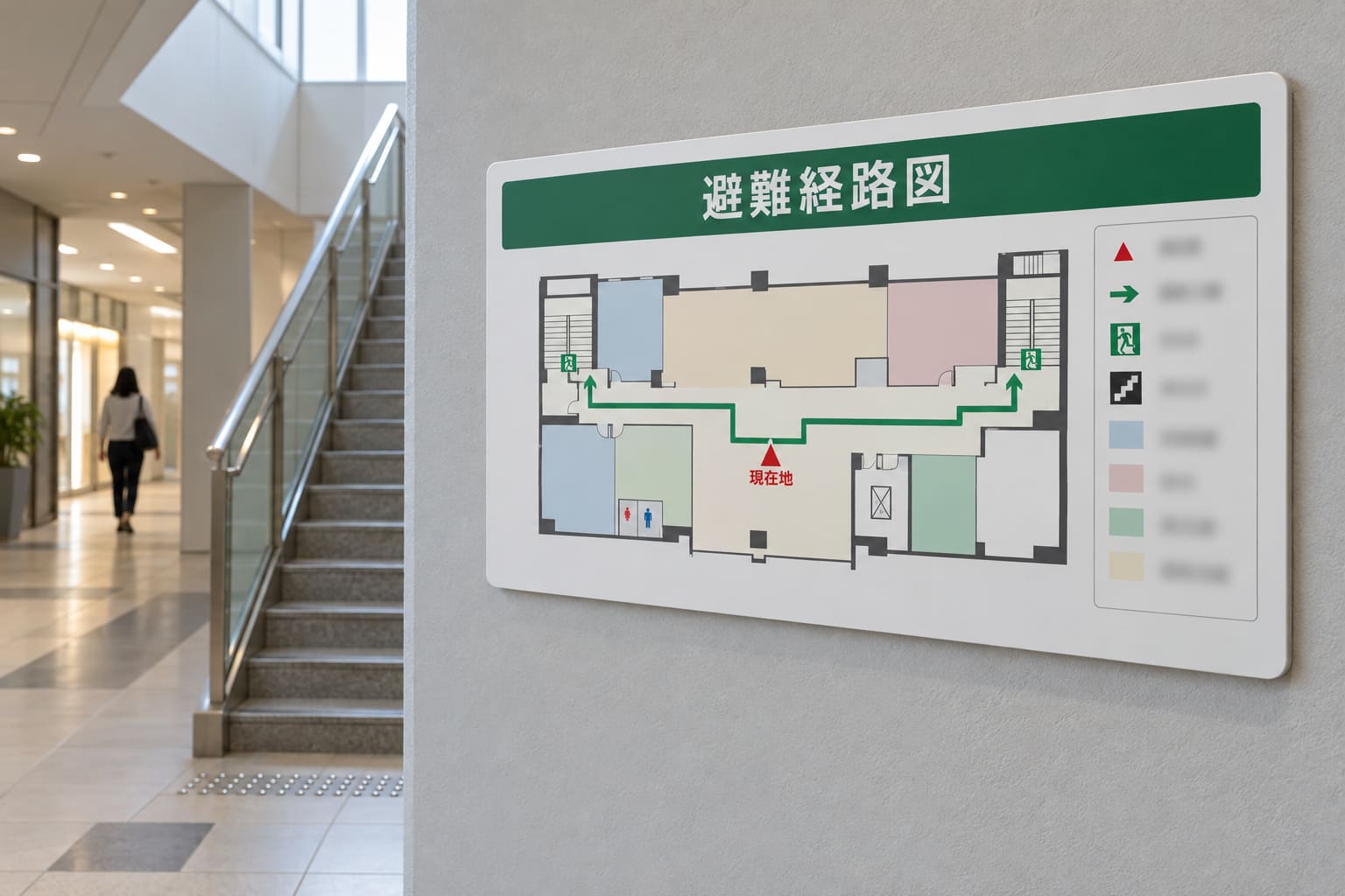 商業施設の階段の前の壁に、アルミ複合板で作った大きな避難経路図が付いている様子