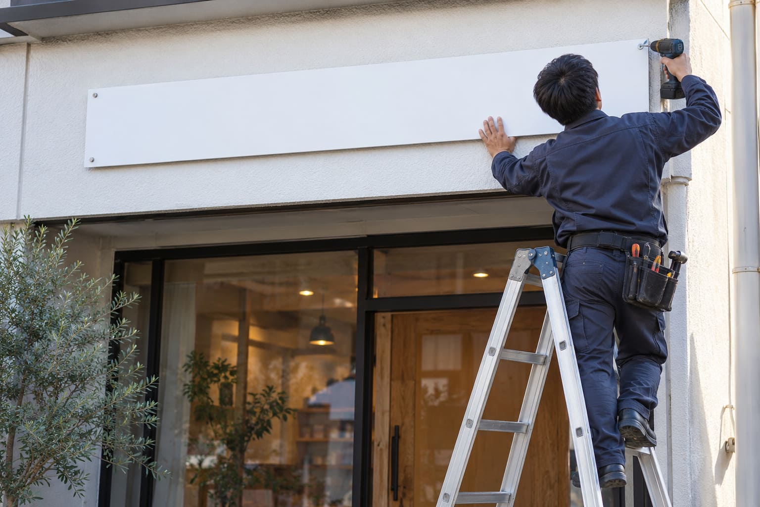 職人が脚立に乗り、店舗の壁に平看板を当てて、電動ドライバーでビスを留めている後ろ姿