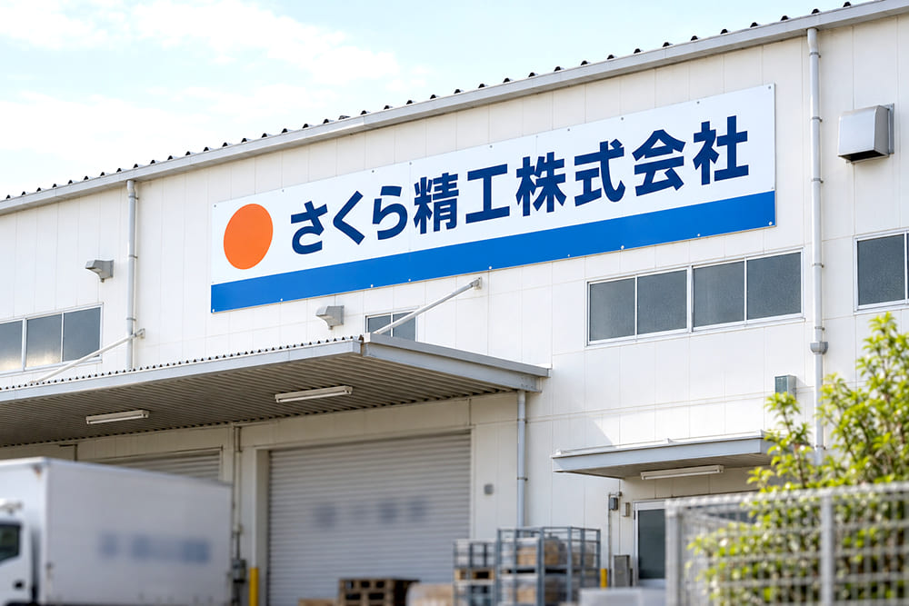 工場の白い外壁の高い位置に、社名とロゴを大きく印刷した横長のプレート看板が取り付けられている様子
