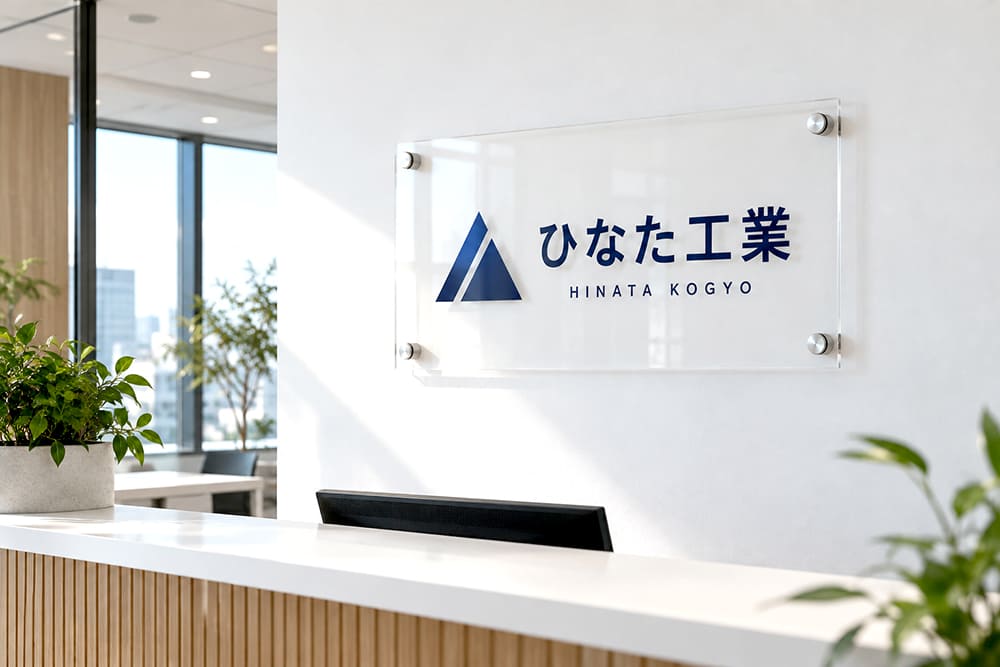 オフィスの受付カウンターの後ろの白い壁に、透明のアクリル板に社名とロゴが入った看板が四隅の化粧ビスで浮かせて取り付けられている様子