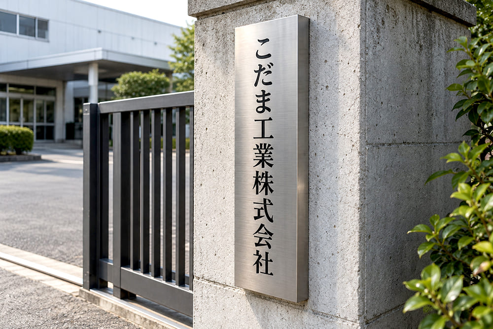 会社の門柱に、縁に厚みのある箱型のステンレスのエッチング銘板が付いていて、側面の厚みが見える角度から写したところ