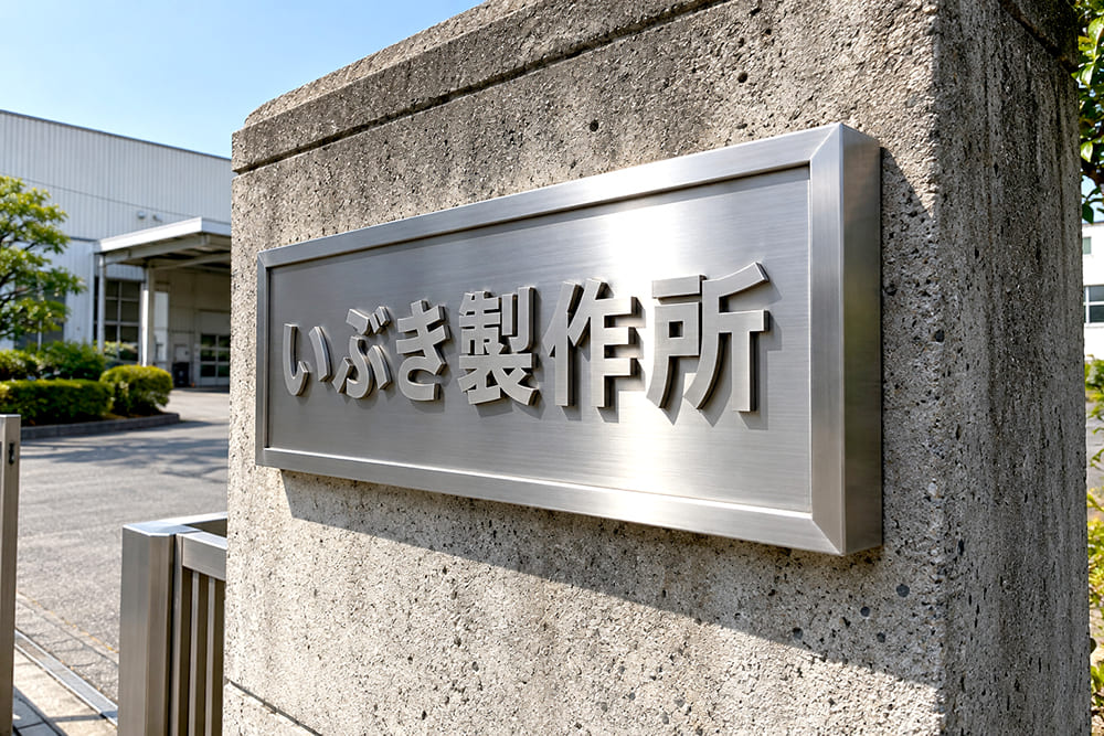 工場の正門の門柱に、ステンレスの枠と立体の切り文字が付いた重厚な箱型の社名板が取り付けられている様子