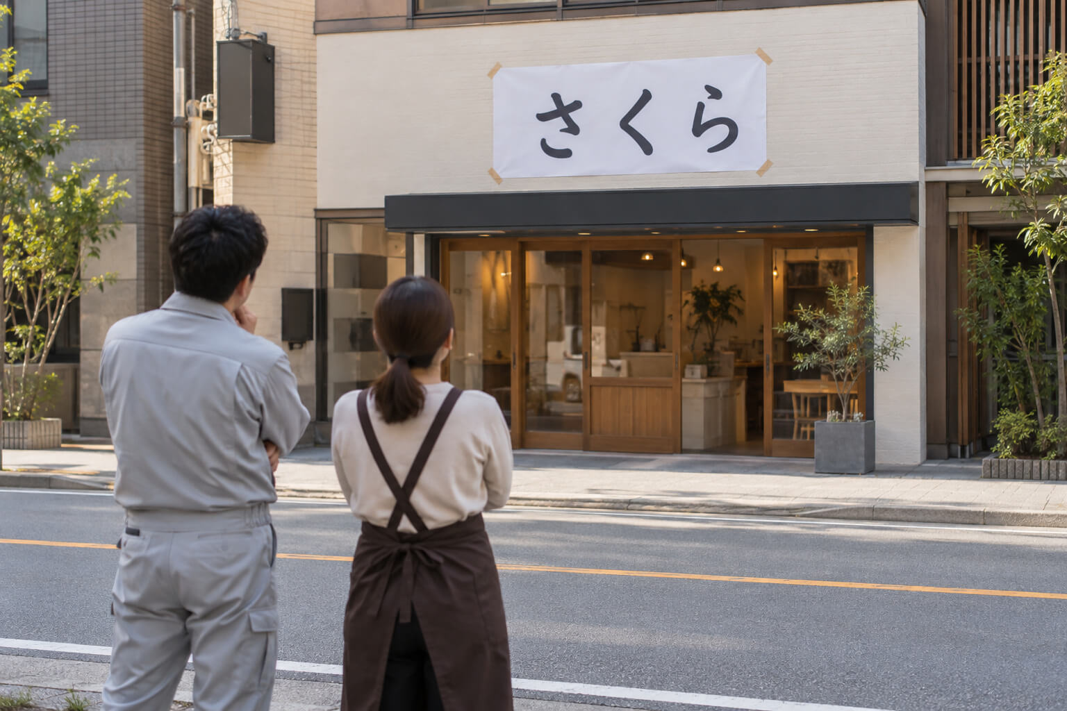 店の正面の壁に、実際の大きさで印刷した看板の試し刷りの紙を貼り、少し離れた道の向かいから2人で見え方を確かめている様子