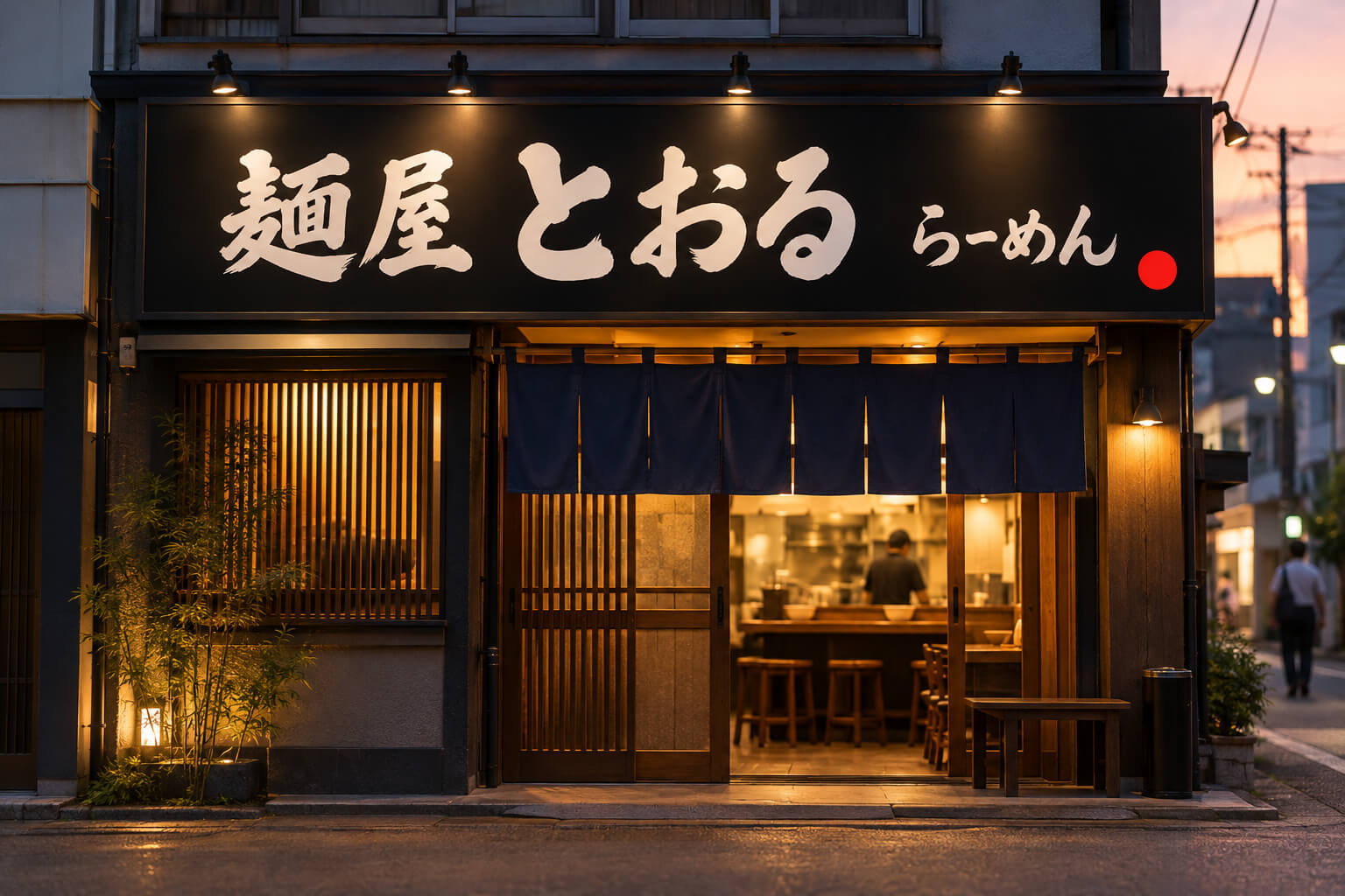 夕方のラーメン店の正面に、黒地に白い筆文字で店名と「らーめん」が大きく書かれた横長の看板があり、端に小さな赤い印が入っている様子