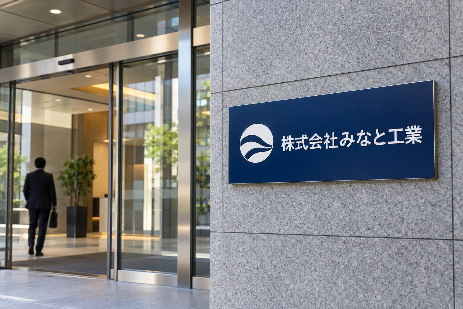 オフィスビルの入口の横の壁に、紺色の地に白いロゴと社名だけが入った横長のプレートが付いている様子