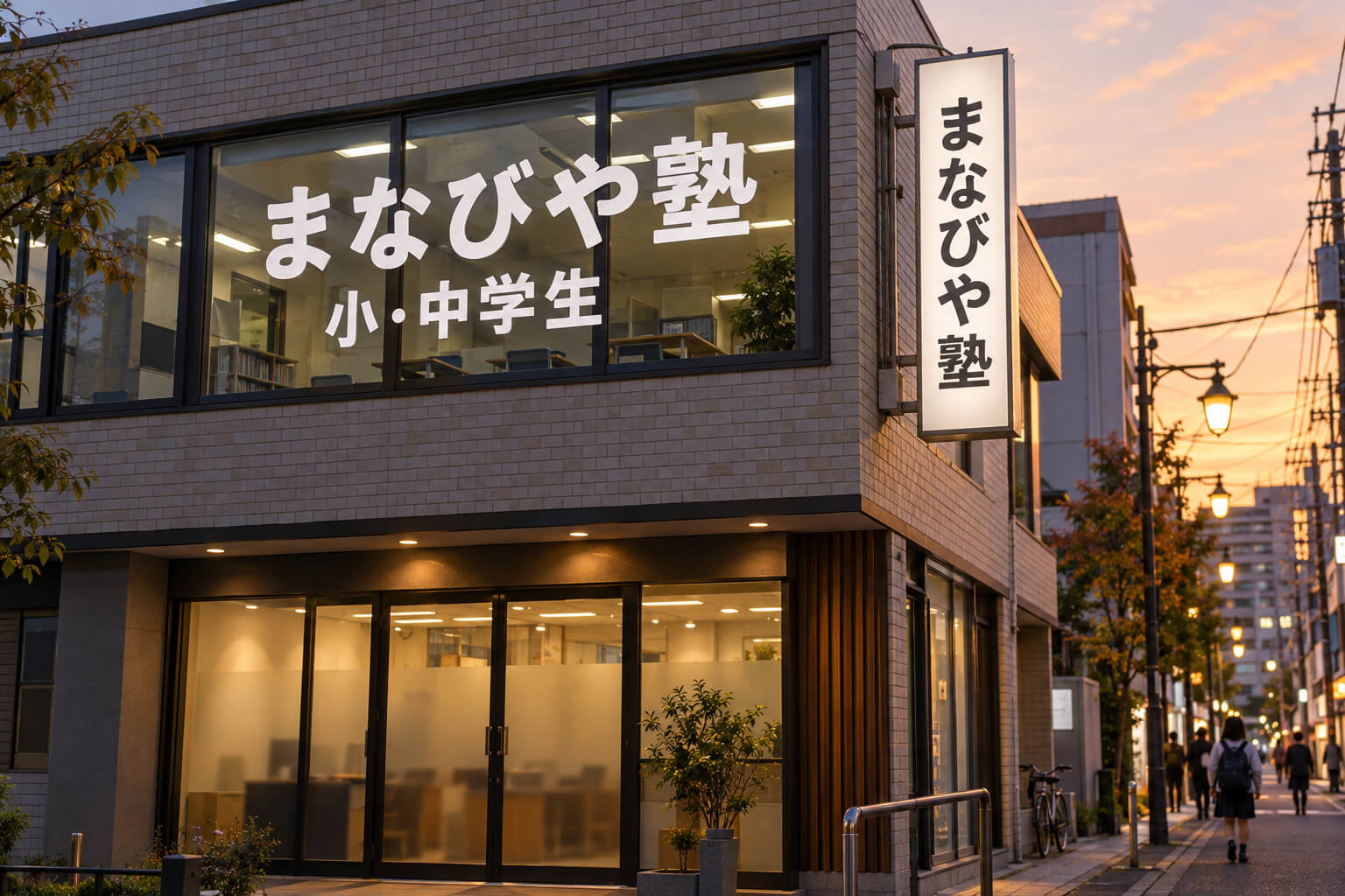 商店街の2階の窓に、白い文字で塾名と「小・中学生」の文字が大きく貼られ、建物の角から縦長の突き出し看板が出ている様子