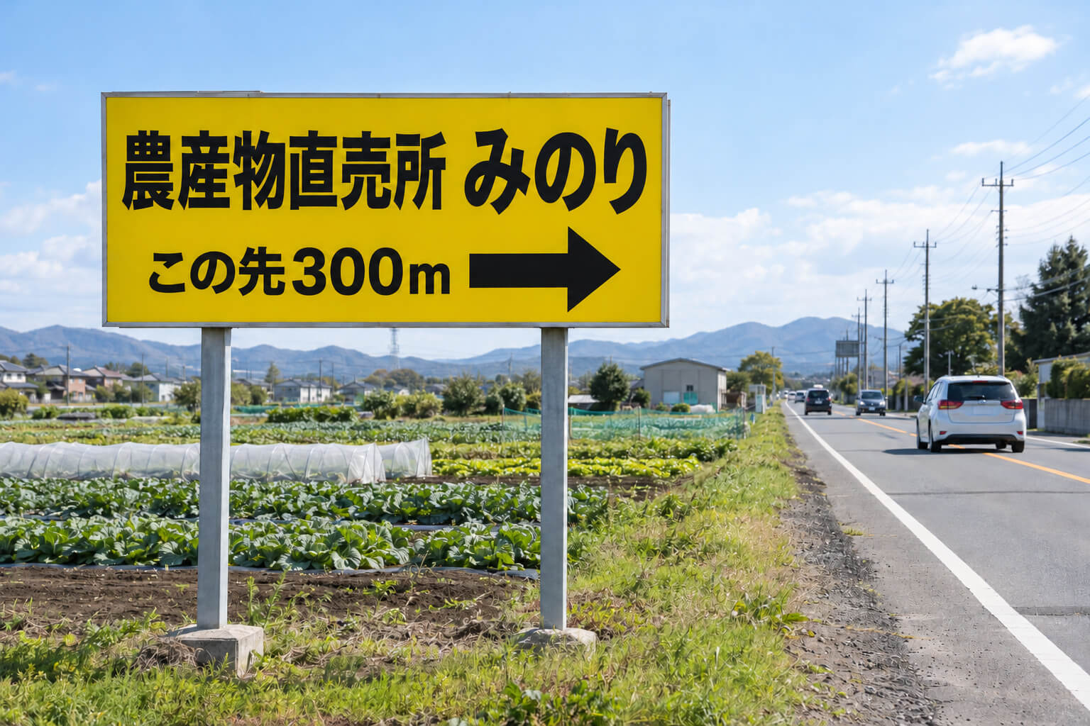 郊外の道路沿いの畑の前に、黄色の地に黒い大きな文字で店名と業種、「この先300m」と矢印が入った野立て看板が立っている様子