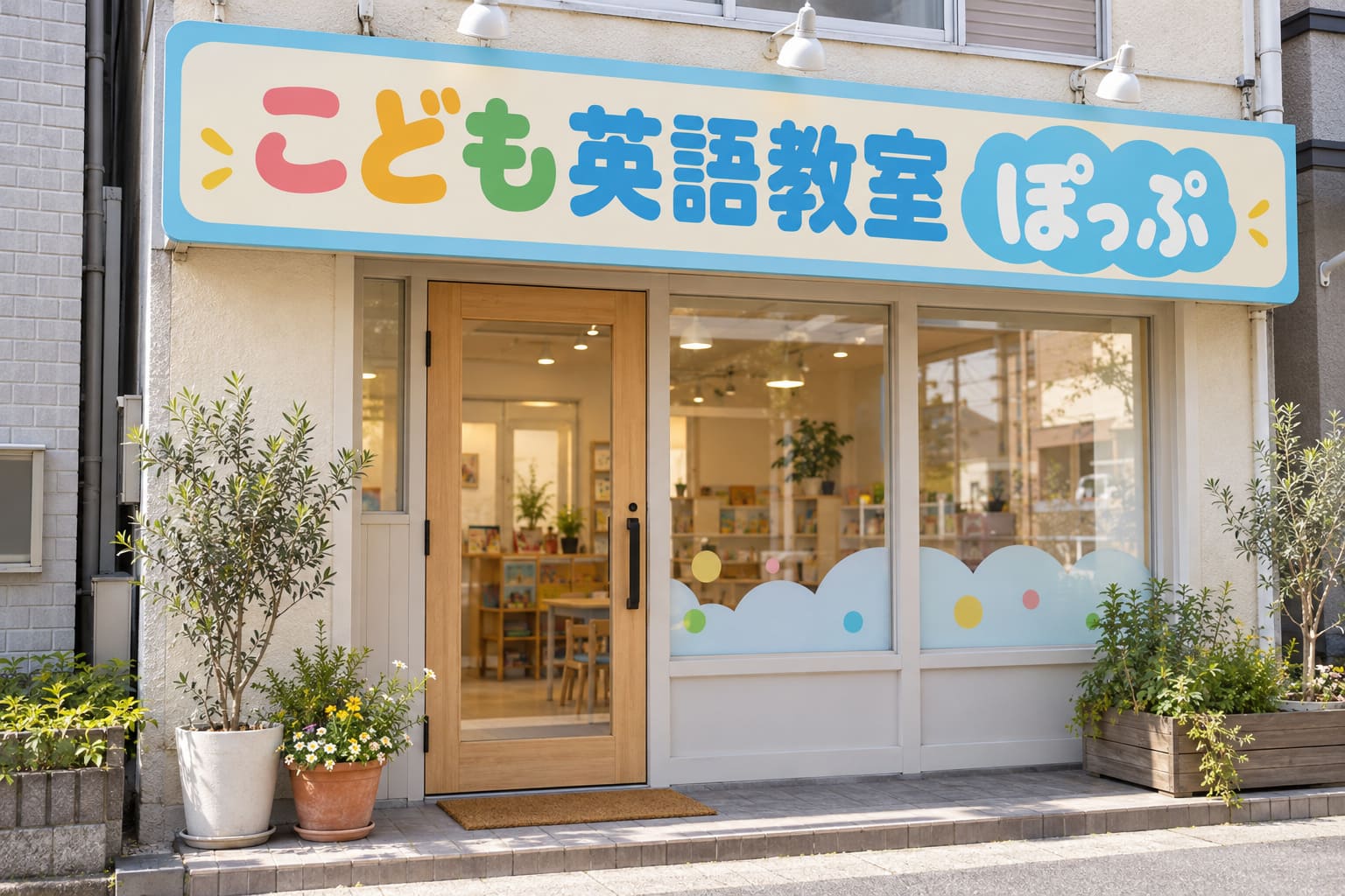 パステルカラーの看板に、丸みのある太い書体で「こども英語教室 ぽっぷ」と書かれた、明るい教室の入口