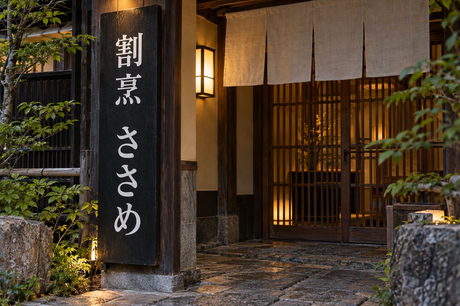 黒い木の板の看板に、白い明朝体で「割烹 ささめ」と縦に大きく書かれた、落ち着いた和食店の入口