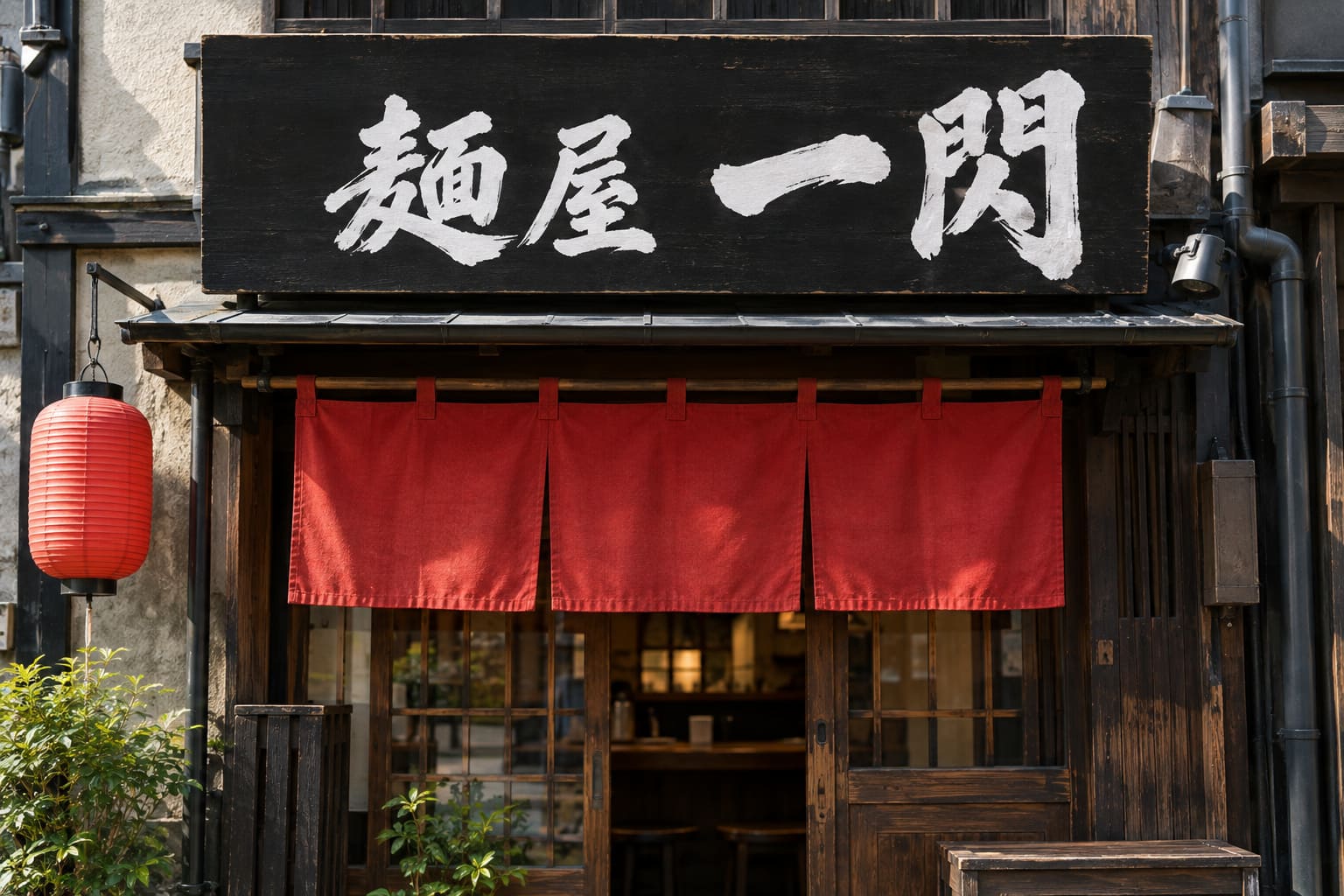 赤いのれんの上の黒い看板に、白い力強い筆文字で「麺屋 一閃」と書かれたラーメン店の外観