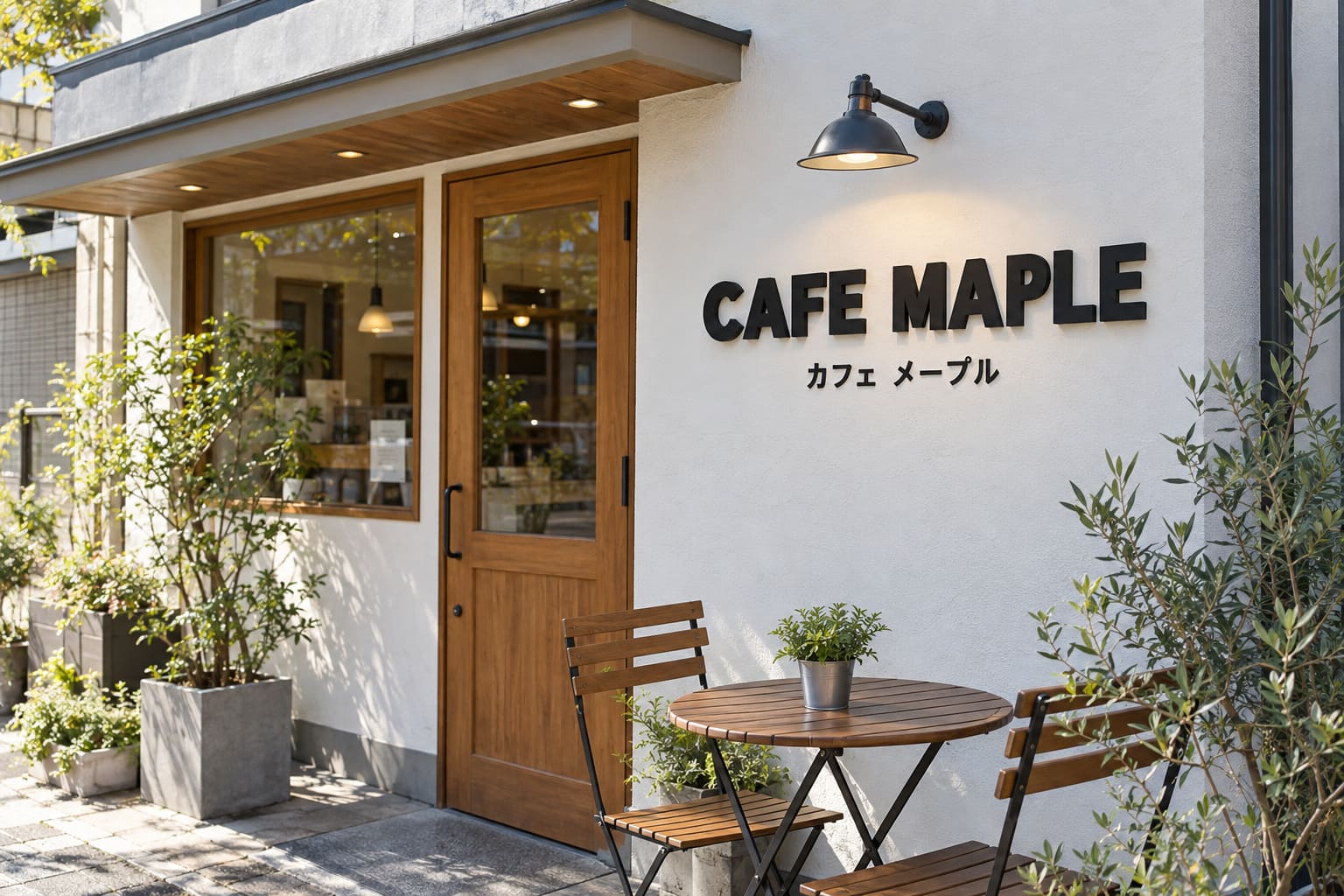 白い壁に、黒い太めの欧文で「CAFE MAPLE」と書かれた切り文字の看板と、その下に小さく「カフェ メープル」と入ったカフェの外観