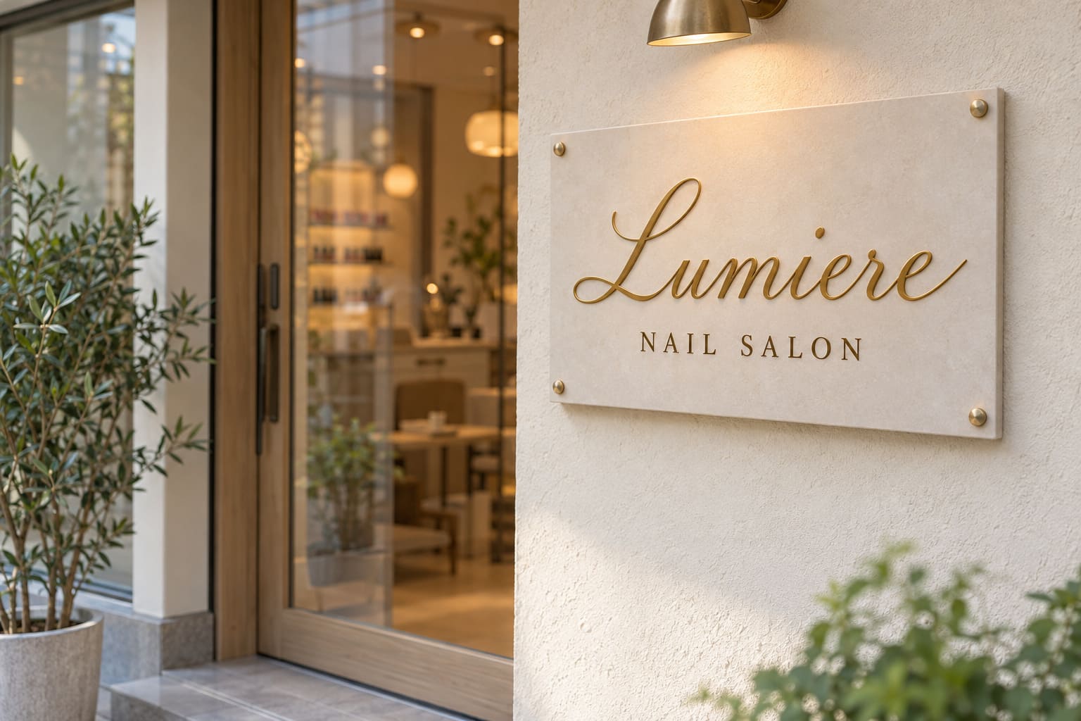 淡いベージュの壁に、金色の筆記体で「Lumiere」と書かれ、下にセリフ体で「NAIL SALON」と入ったネイルサロンの看板