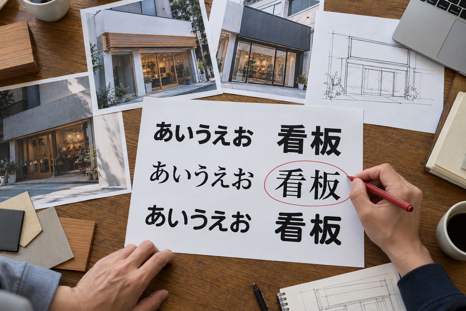打ち合わせの机の上に、書体の見本を印刷した紙と、店の外観の写真、手書きのラフが並べられ、ペンで丸を付けている手元